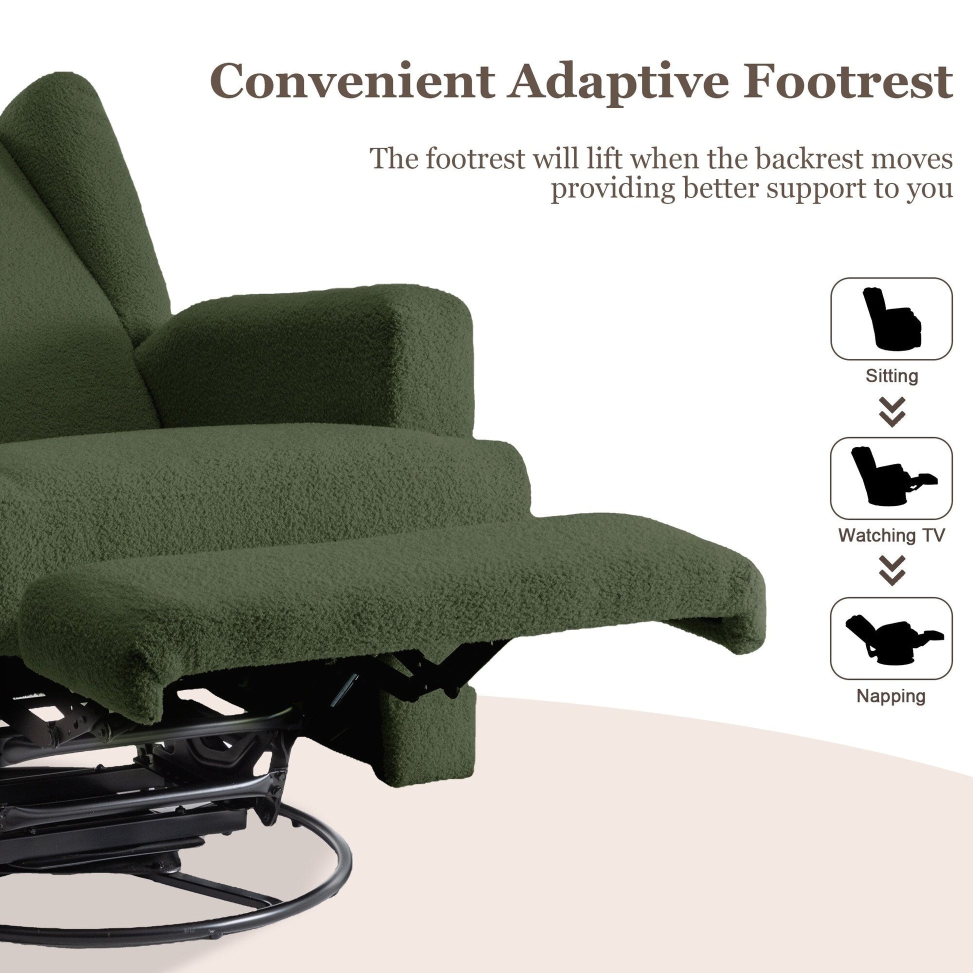Fauteuil basculant à balancier et à dossier inclinable, avec accoudoirs, à commande manuelle, 78 cm de largeur, pour chambre d'enfant.