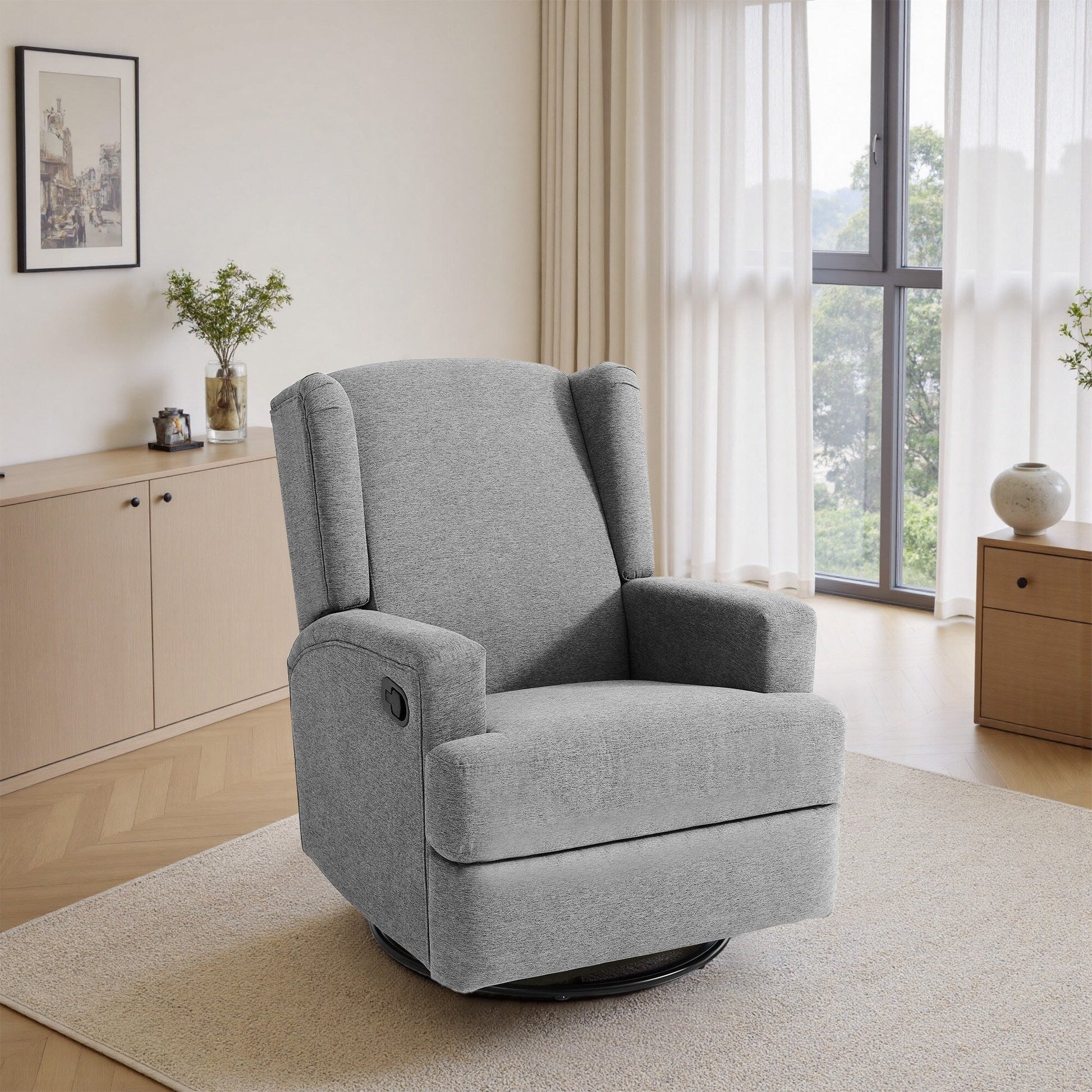 Fauteuil basculant à balancier et à dossier inclinable, avec accoudoirs, à commande manuelle, 78 cm de largeur, pour chambre d'enfant.