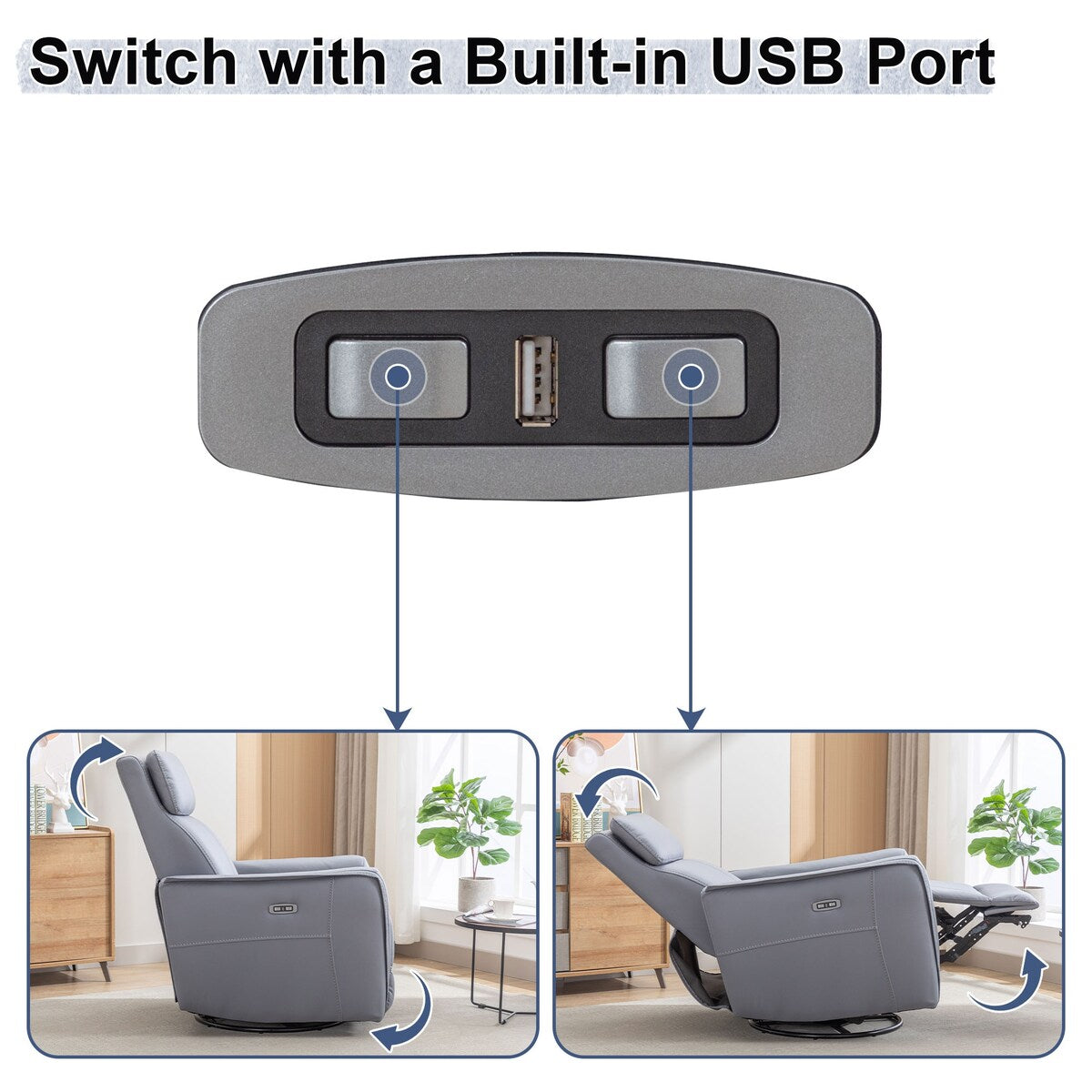 Fauteuil inclinable pivotant électrique de 82 cm de large avec ports USB