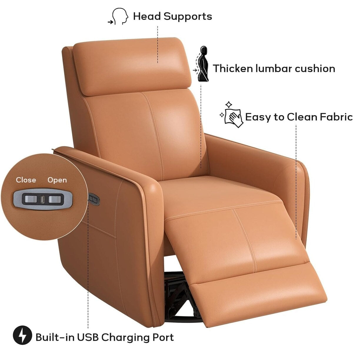 Fauteuil inclinable pivotant électrique de 82 cm de large avec ports USB