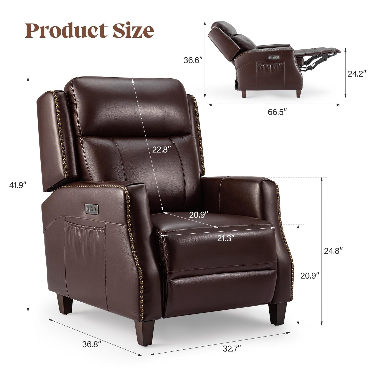 Fauteuil inclinable électrique en cuir véritable de 83 cm de large, modèle Power Club