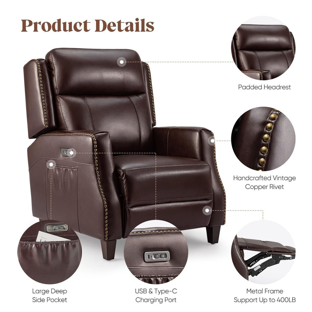 Fauteuil inclinable électrique en cuir véritable de 83 cm de large, modèle Power Club