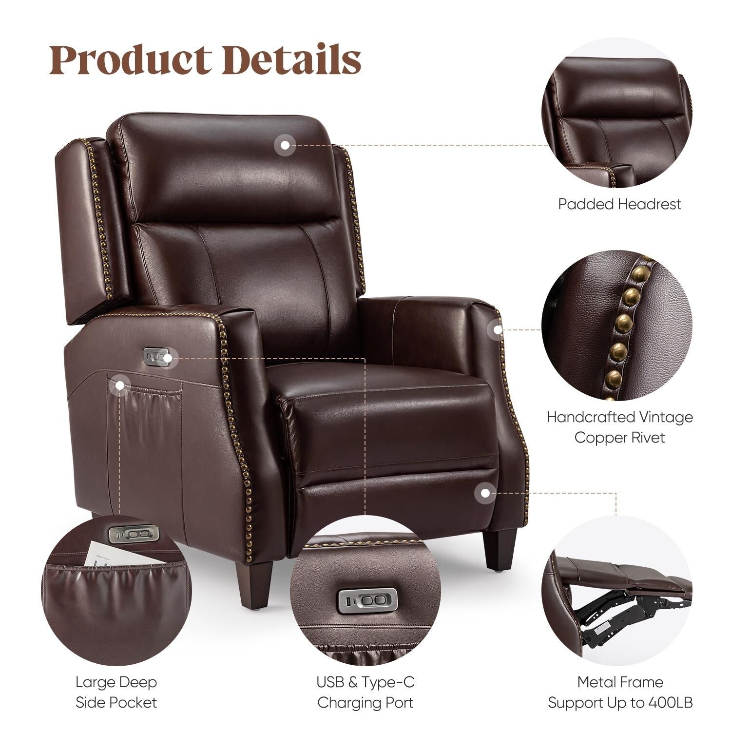 Fauteuil inclinable électrique en cuir véritable de 83 cm de large, modèle Power Club