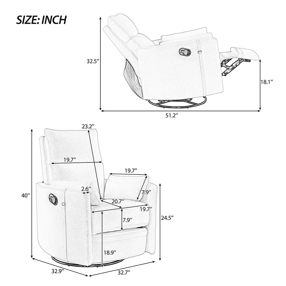 Fauteuil basculant et inclinable pour l'allaitement, pivotant et oscillant avec 2 coussins, siège confortable.
