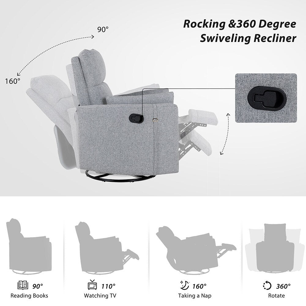 Fauteuil basculant et inclinable pour l'allaitement, pivotant et oscillant avec 2 coussins, siège confortable.