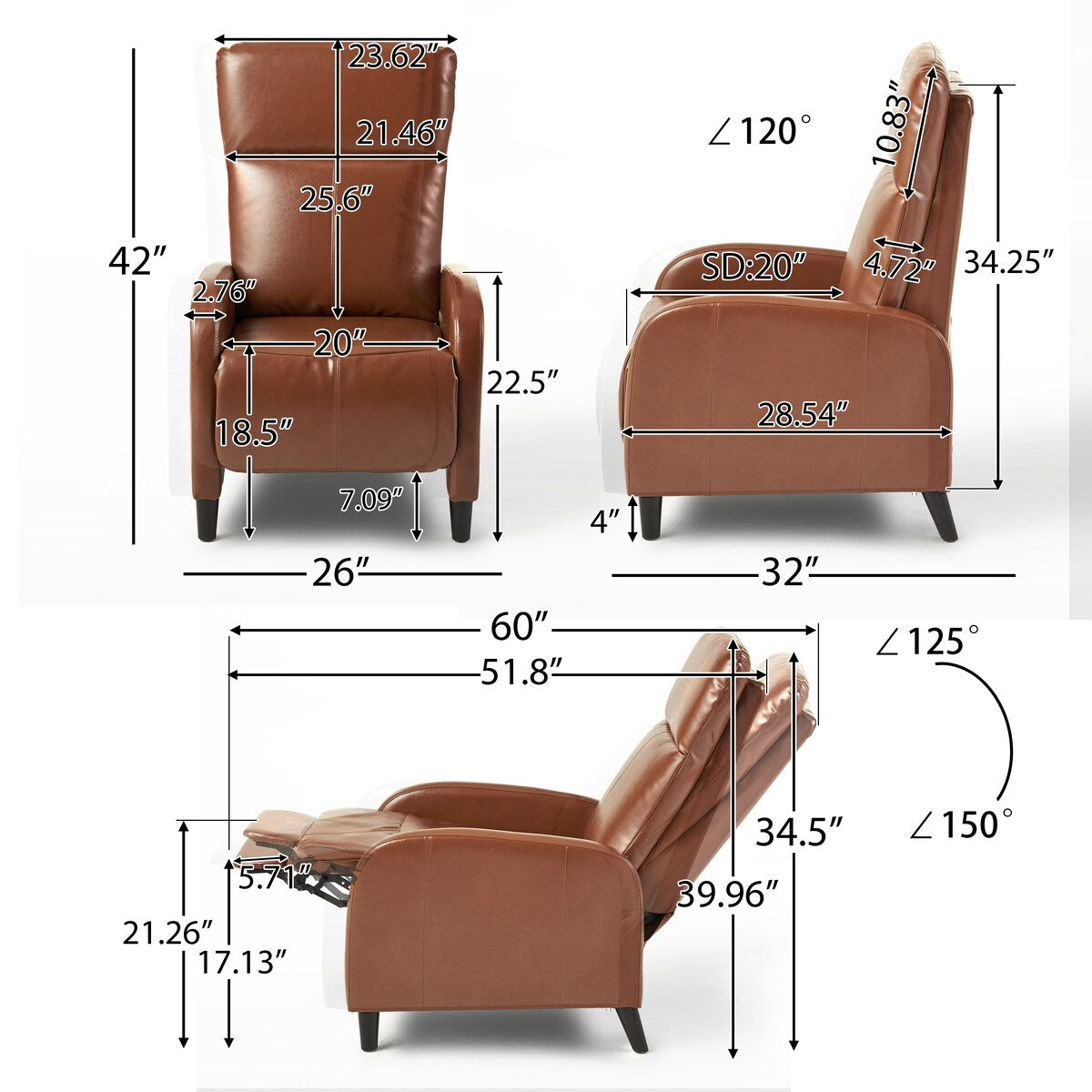 Fauteuil inclinable classique en cuir, dossier inclinable, largeur de 33,5 pouces, siège et accoudoirs rembourrés, siège simple.