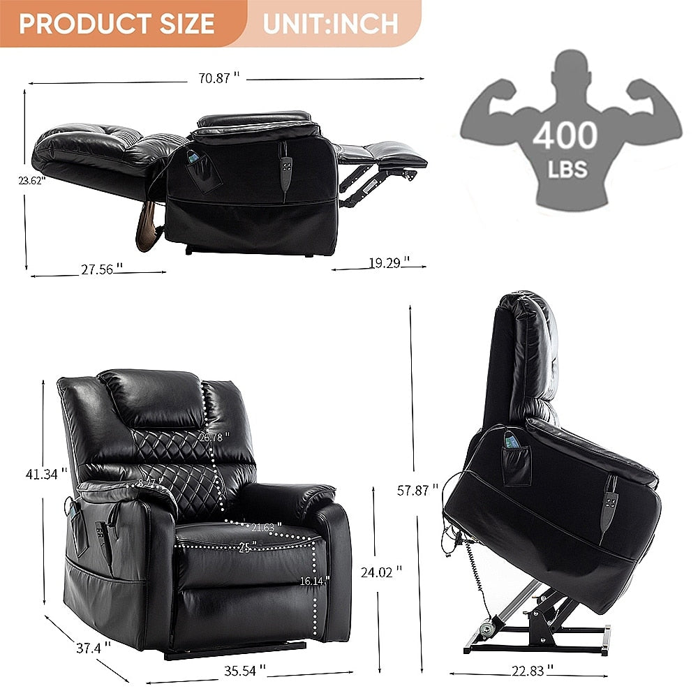 Fauteuil inclinable à double moteur électrique de 35,5 W, avec massage et chaleur, inclinable à 180 degrés.