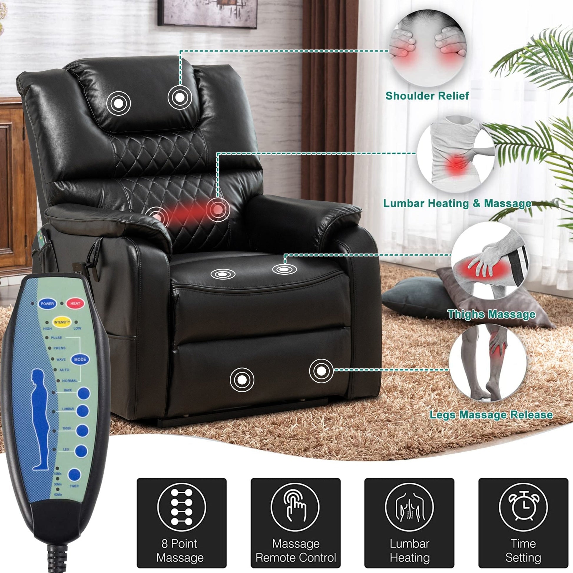 Fauteuil inclinable à double moteur électrique de 35,5 W, avec massage et chaleur, inclinable à 180 degrés.
