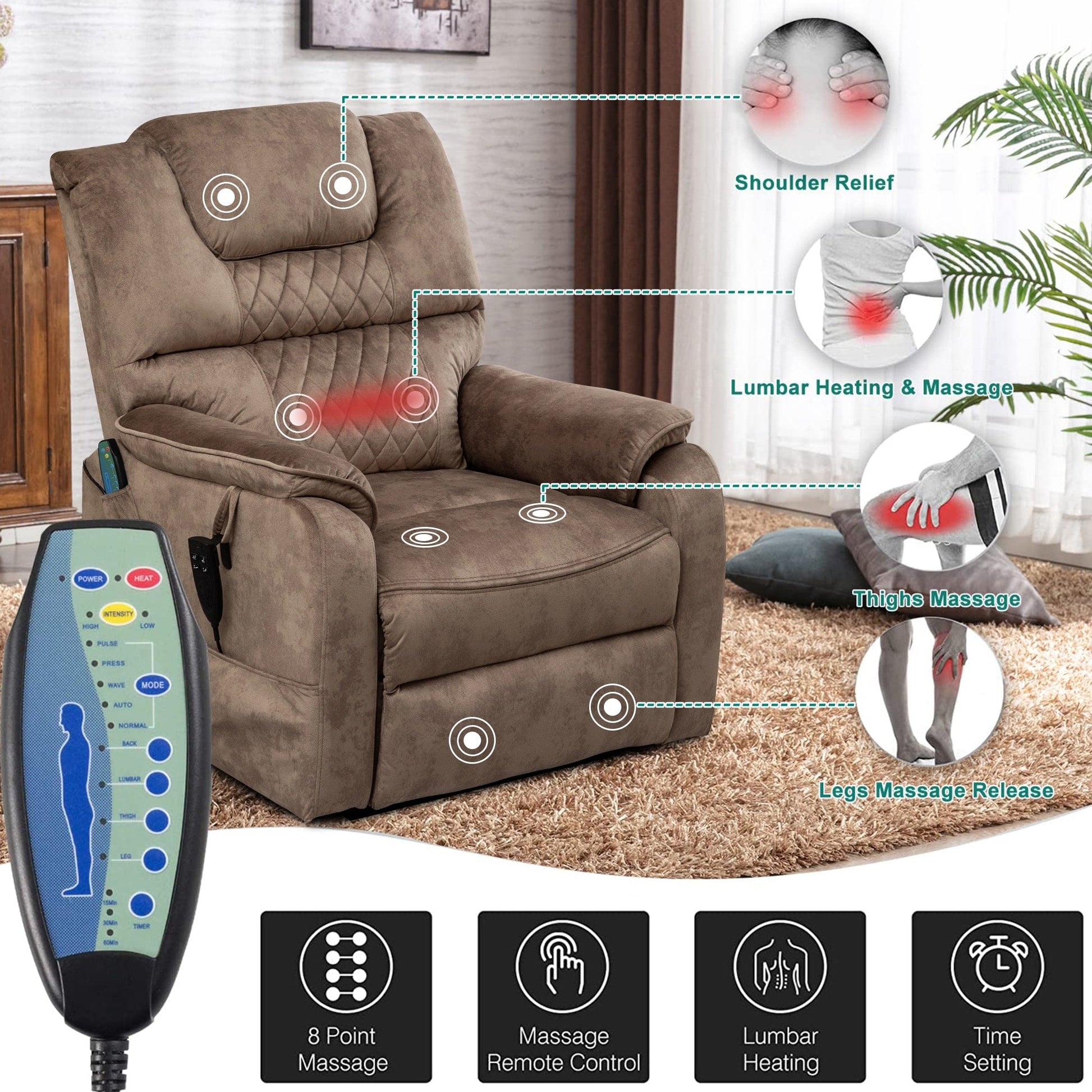 Fauteuil inclinable à double moteur électrique de 35,5 W, avec massage et chaleur, inclinable à 180 degrés.