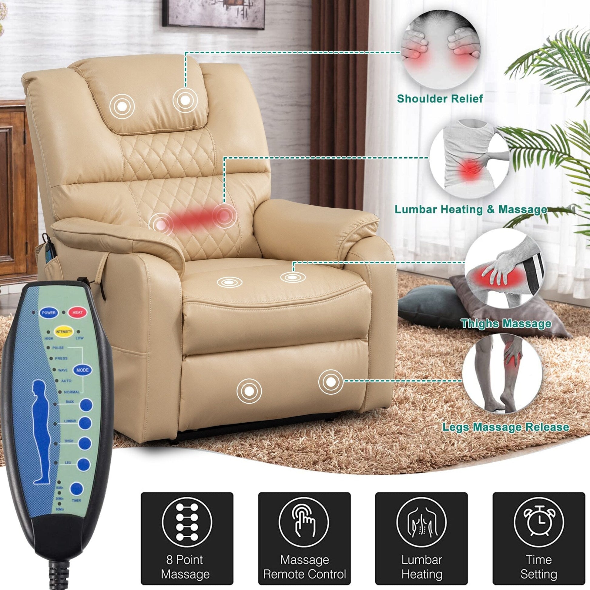 Fauteuil inclinable à double moteur électrique de 35,5 W, avec massage et chaleur, inclinable à 180 degrés.
