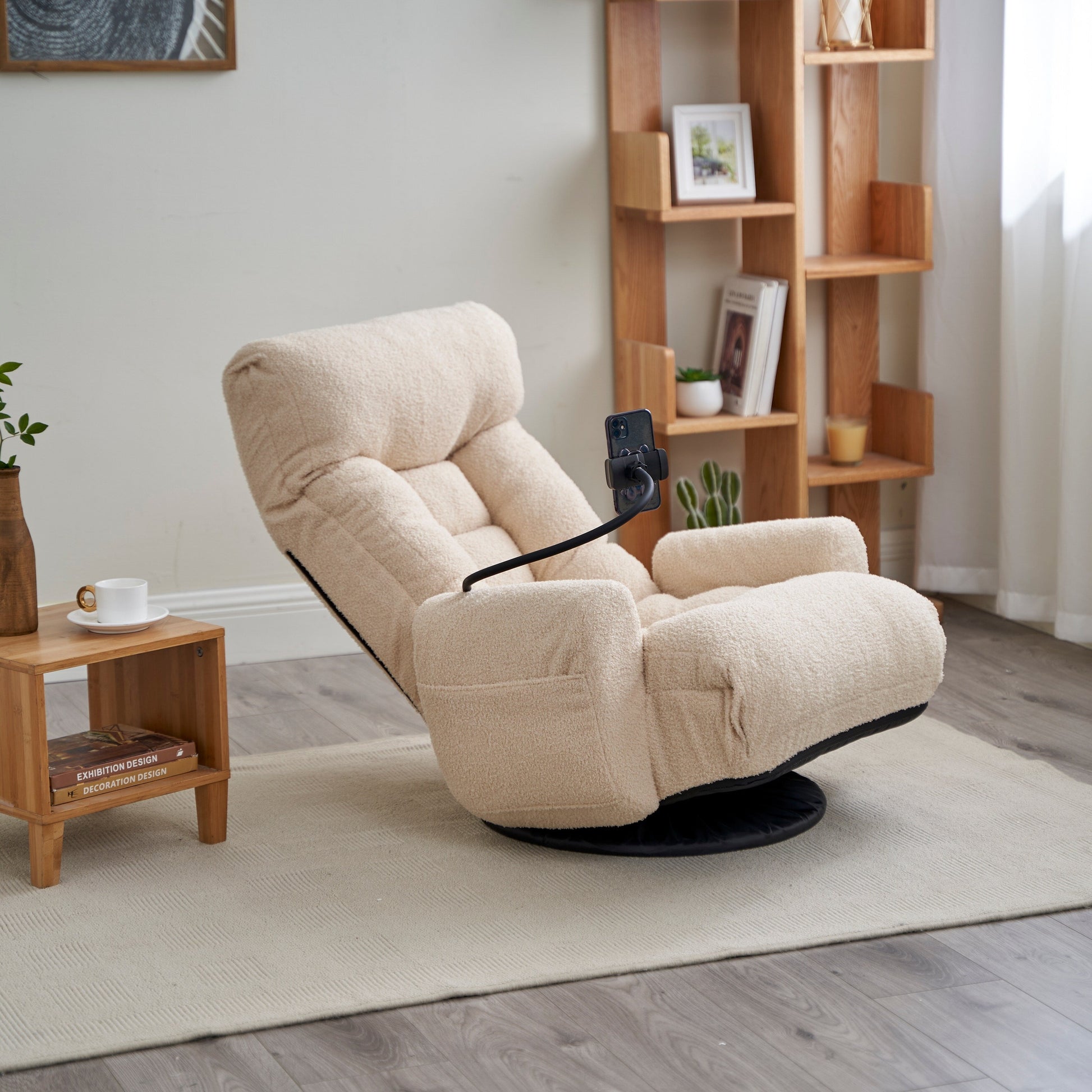 Fauteuil pivotant à 360 degrés, chaise de salon réglable, chaise de jeu pliable et inclinable avec porte-téléphone.