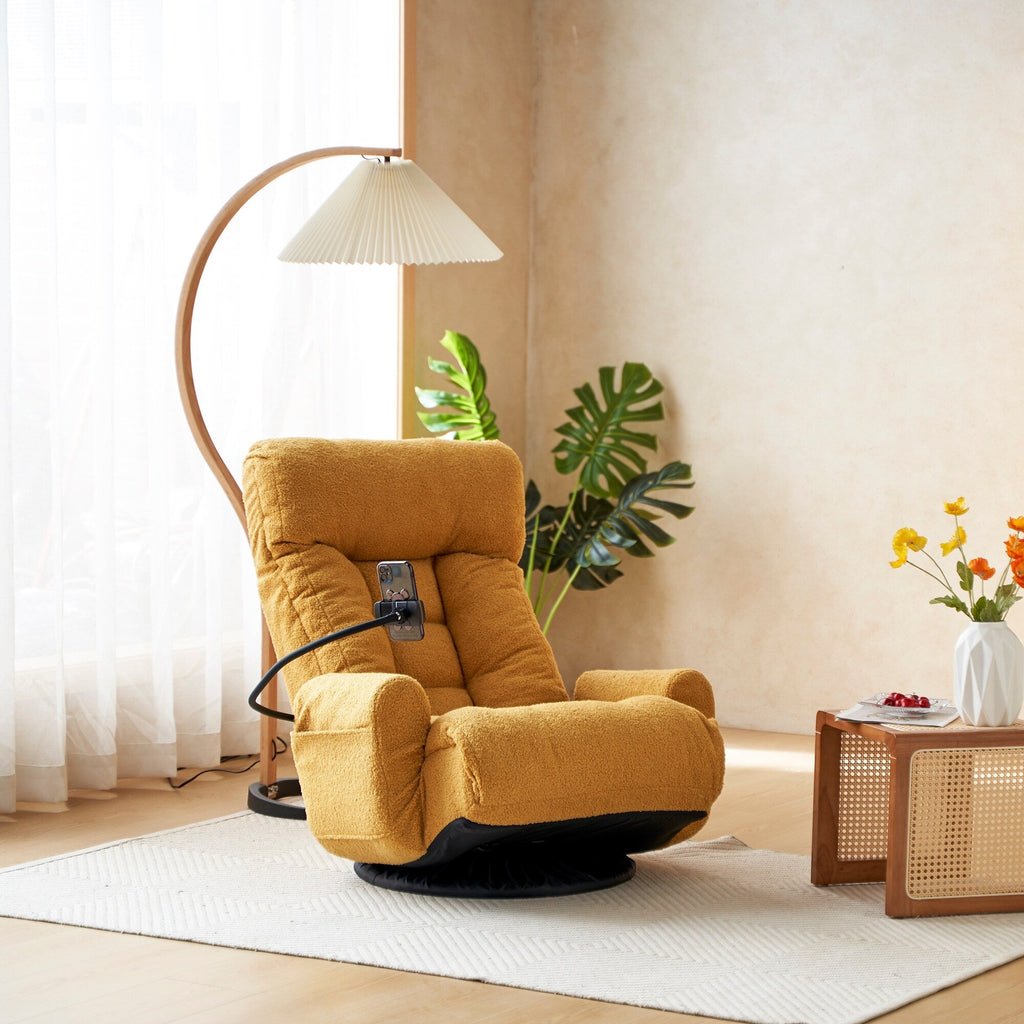 Fauteuil pivotant à 360 degrés, chaise de salon réglable, chaise de jeu pliable et inclinable avec porte-téléphone.