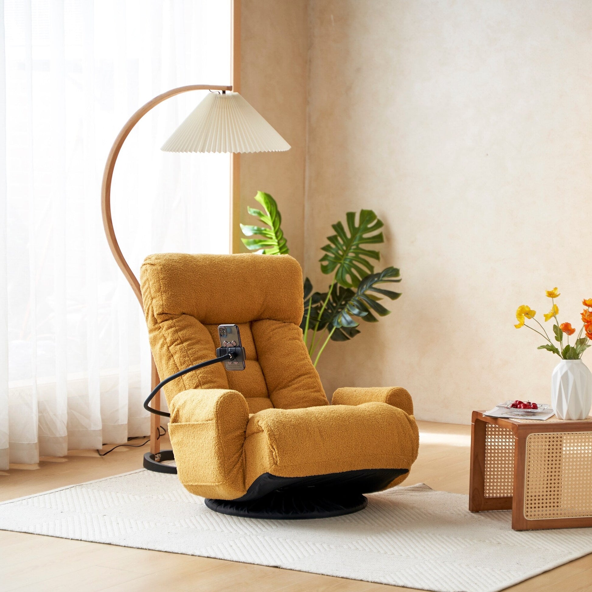 Fauteuil pivotant à 360 degrés, chaise de salon réglable, chaise de jeu pliable et inclinable avec porte-téléphone.