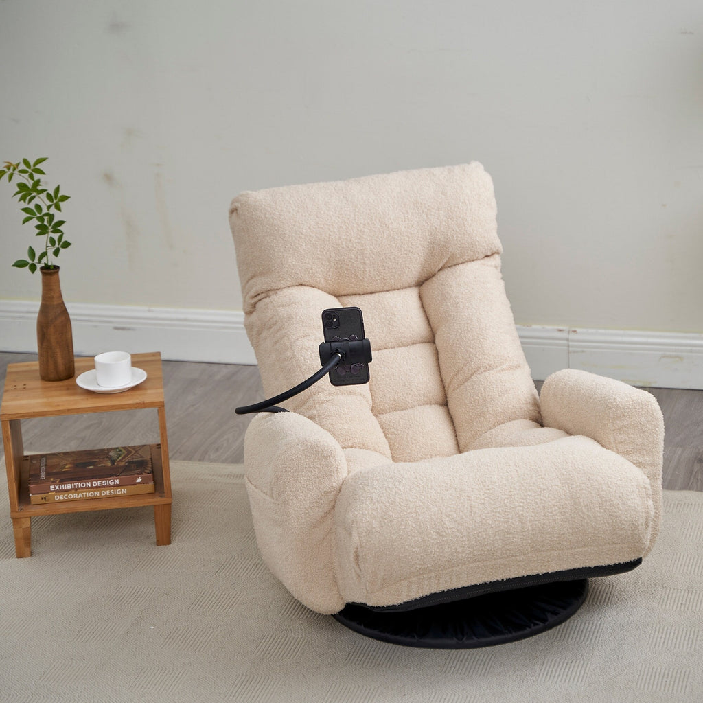 Fauteuil pivotant à 360 degrés, chaise de salon réglable, chaise de jeu pliable et inclinable avec porte-téléphone.