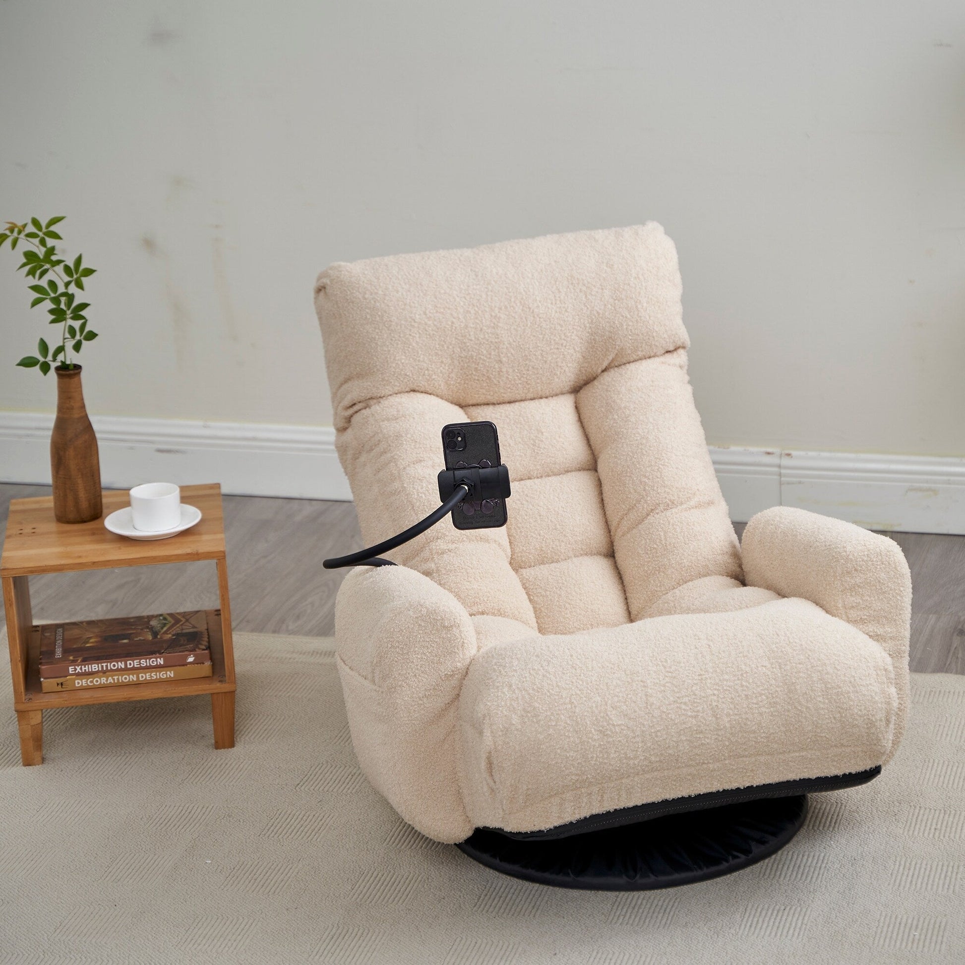 Fauteuil pivotant à 360 degrés, chaise de salon réglable, chaise de jeu pliable et inclinable avec porte-téléphone.