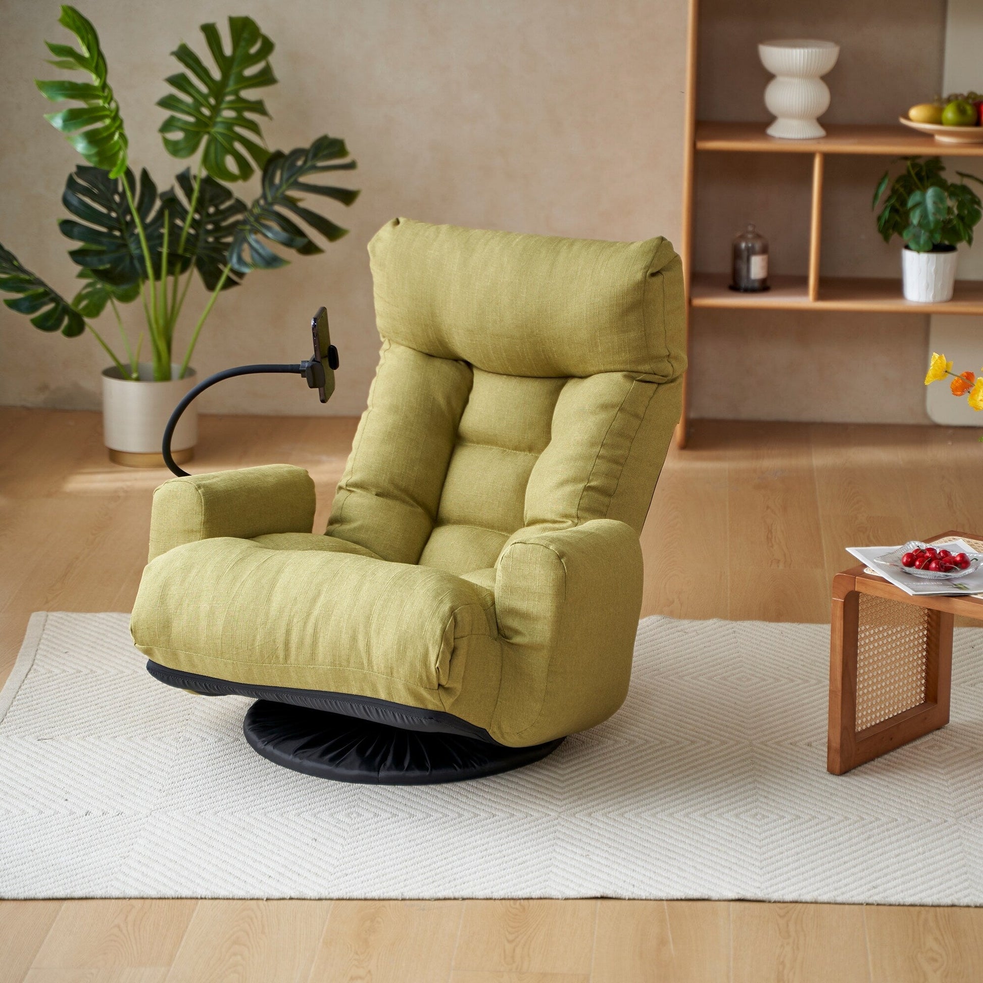Fauteuil pivotant à 360 degrés, chaise de salon réglable, chaise de jeu pliable et inclinable avec porte-téléphone.