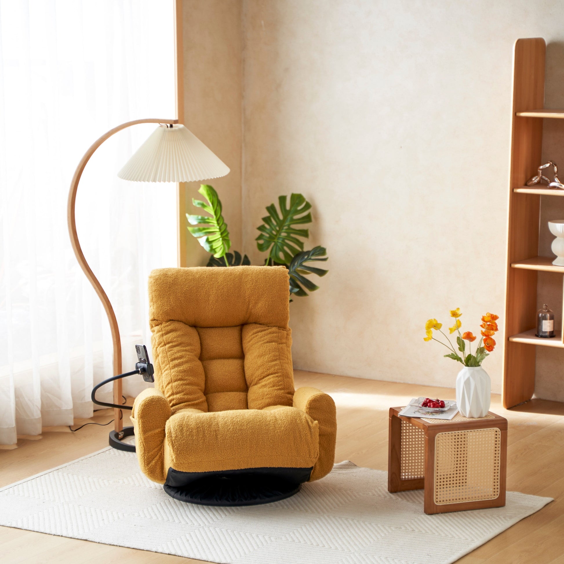 Fauteuil pivotant à 360 degrés, chaise de salon réglable, chaise de jeu pliable et inclinable avec porte-téléphone.