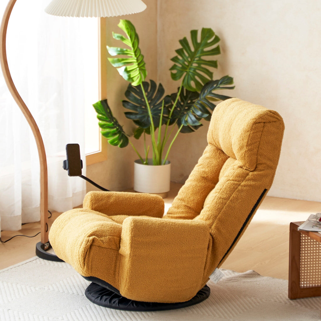Fauteuil pivotant à 360 degrés, chaise de salon réglable, chaise de jeu pliable et inclinable avec porte-téléphone.