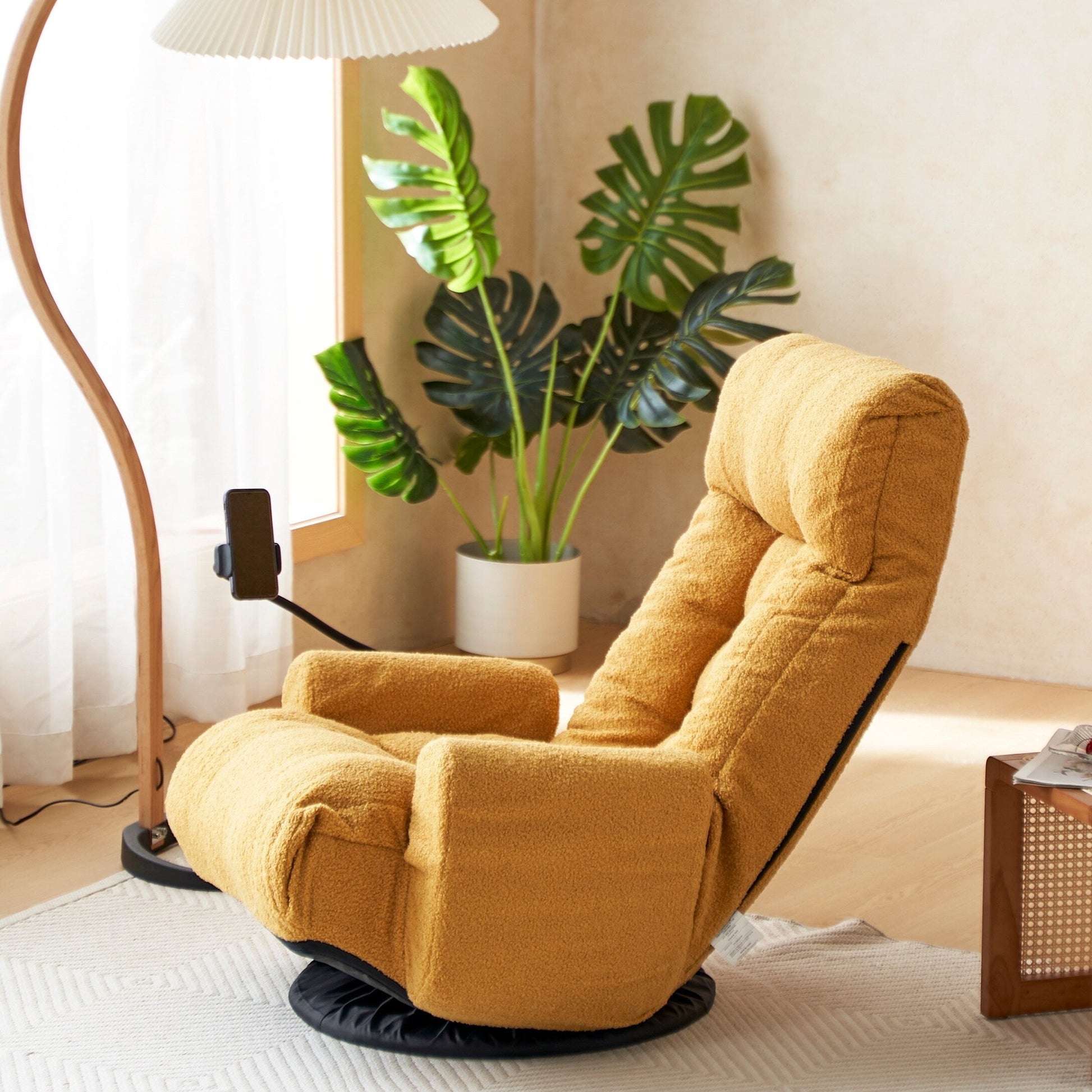 Fauteuil pivotant à 360 degrés, chaise de salon réglable, chaise de jeu pliable et inclinable avec porte-téléphone.