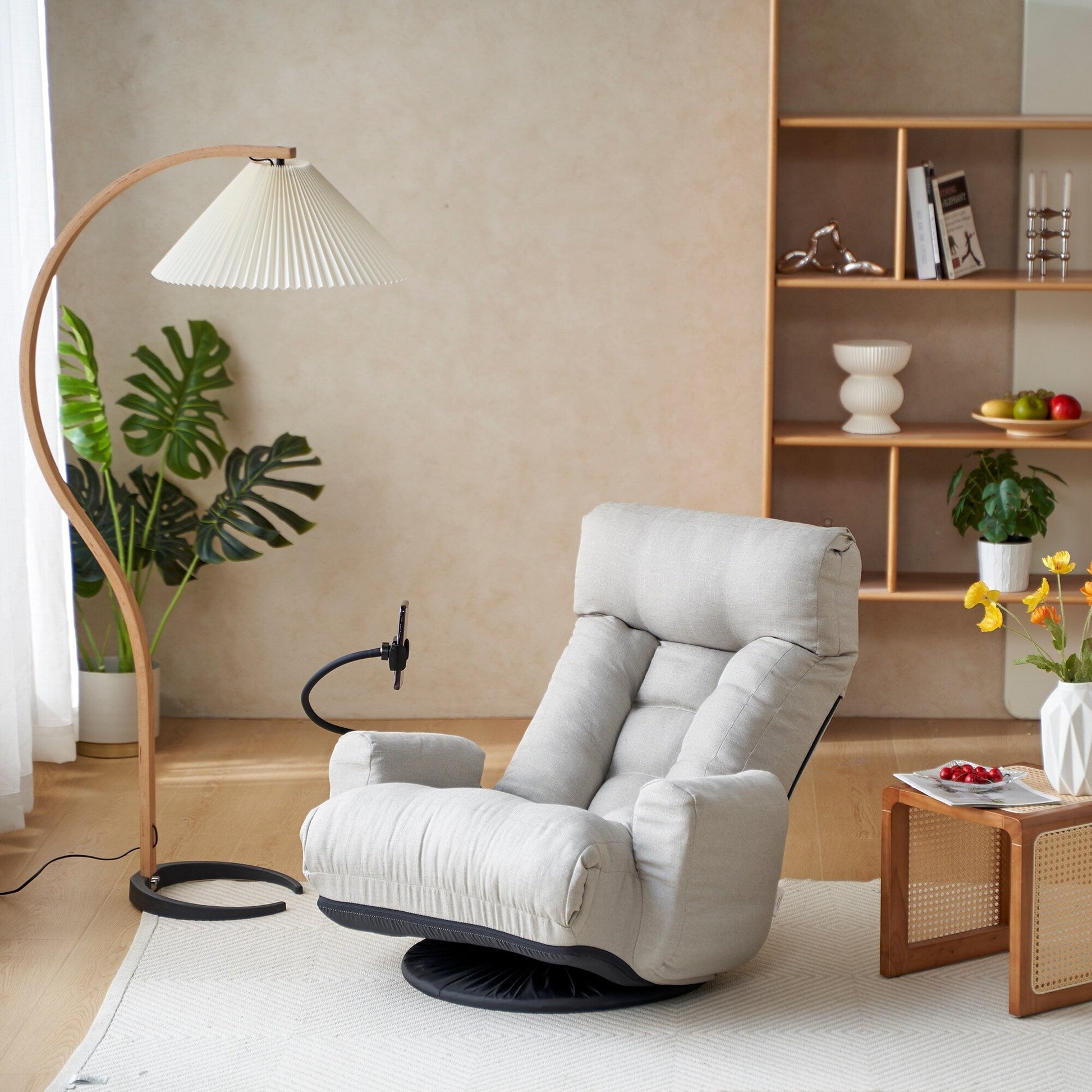 Fauteuil pivotant à 360 degrés, chaise de salon réglable, chaise de jeu pliable et inclinable avec porte-téléphone.
