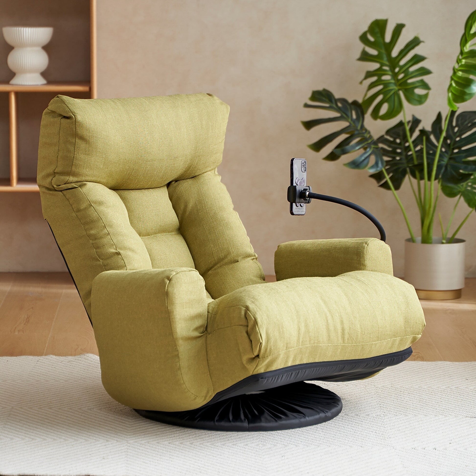 Fauteuil pivotant à 360 degrés, chaise de salon réglable, chaise de jeu pliable et inclinable avec porte-téléphone.