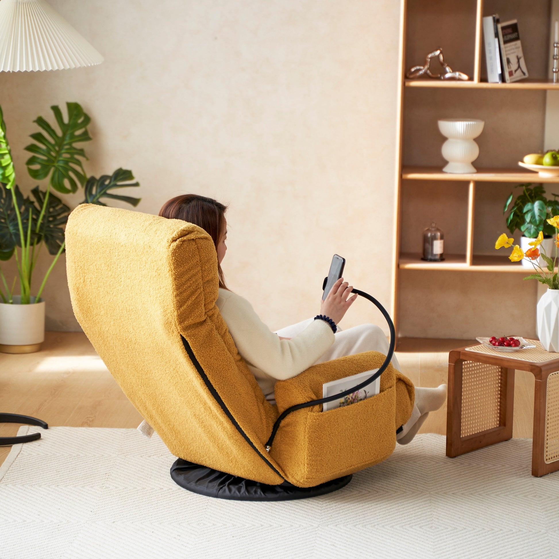 Fauteuil pivotant à 360 degrés, chaise de salon réglable, chaise de jeu pliable et inclinable avec porte-téléphone.