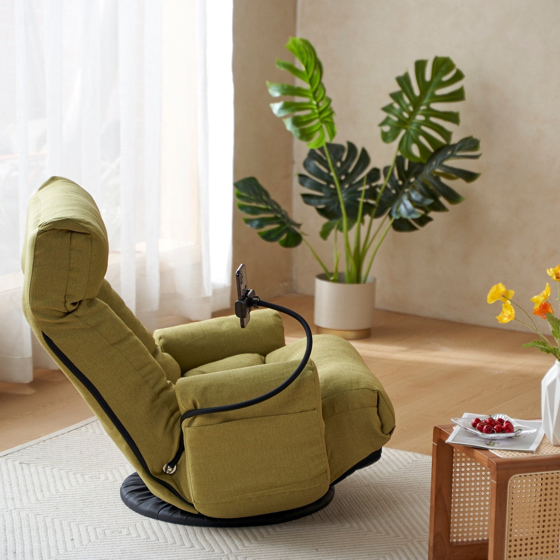Fauteuil pivotant à 360 degrés, chaise de salon réglable, chaise de jeu pliable et inclinable avec porte-téléphone.