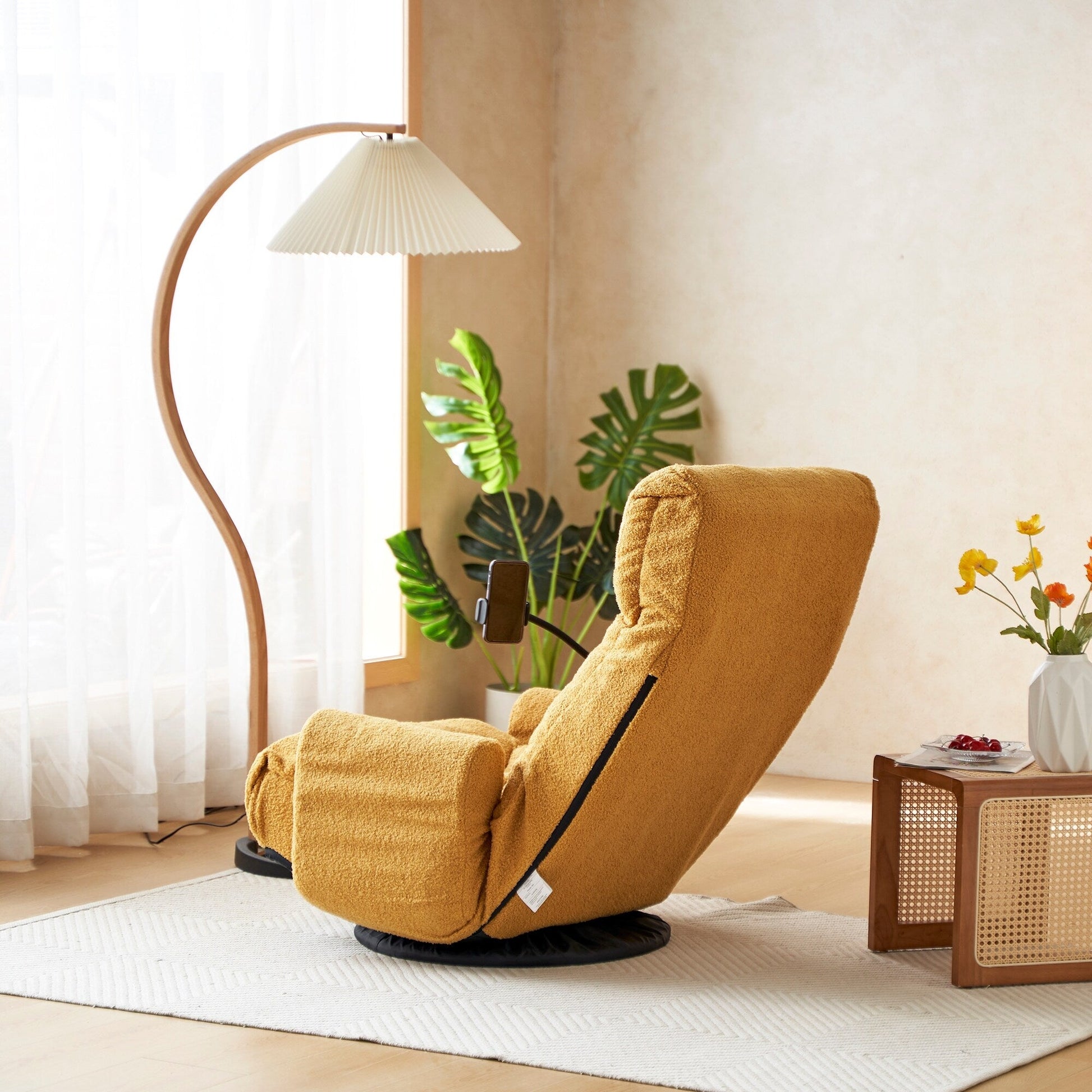 Fauteuil pivotant à 360 degrés, chaise de salon réglable, chaise de jeu pliable et inclinable avec porte-téléphone.