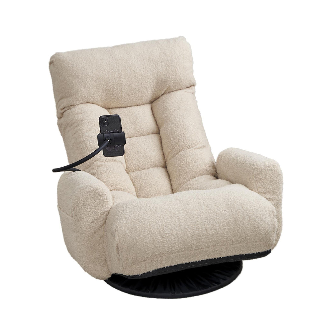 Fauteuil pivotant à 360 degrés, chaise de salon réglable, chaise de jeu pliable et inclinable avec porte-téléphone.