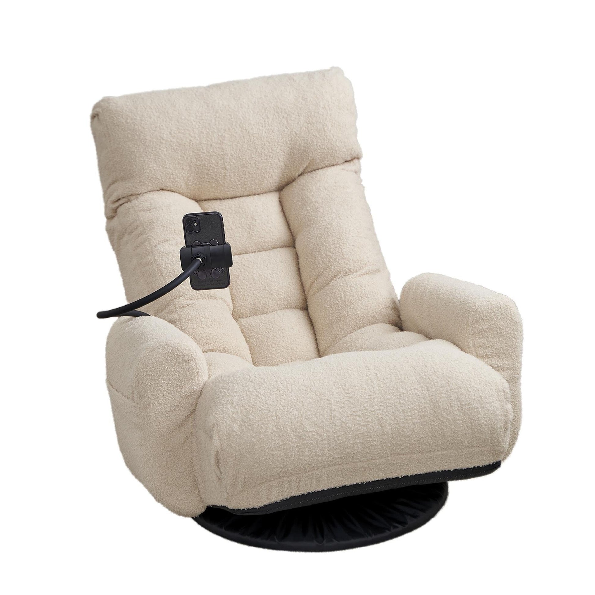 Fauteuil pivotant à 360 degrés, chaise de salon réglable, chaise de jeu pliable et inclinable avec porte-téléphone.