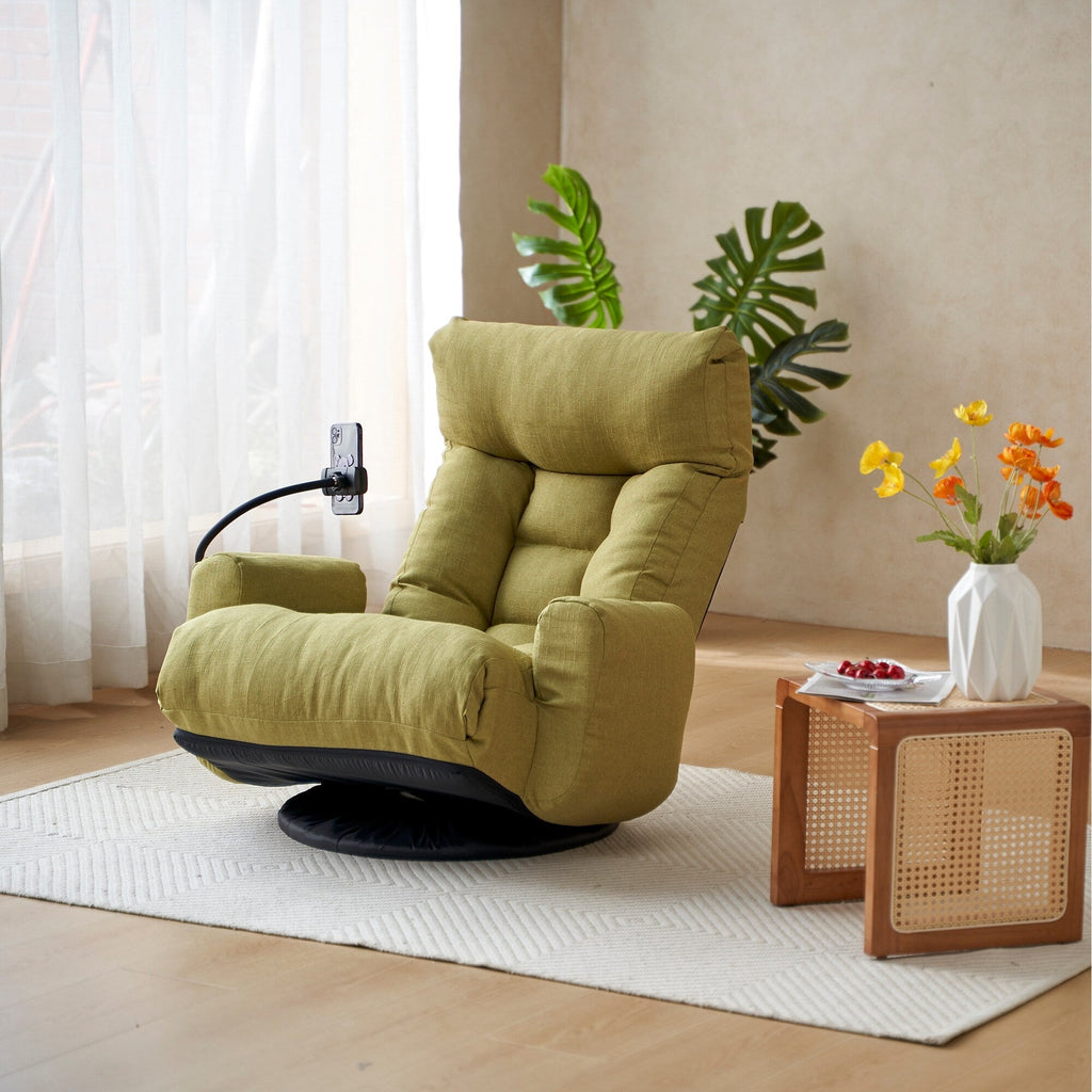 Fauteuil pivotant à 360 degrés, chaise de salon réglable, chaise de jeu pliable et inclinable avec porte-téléphone.