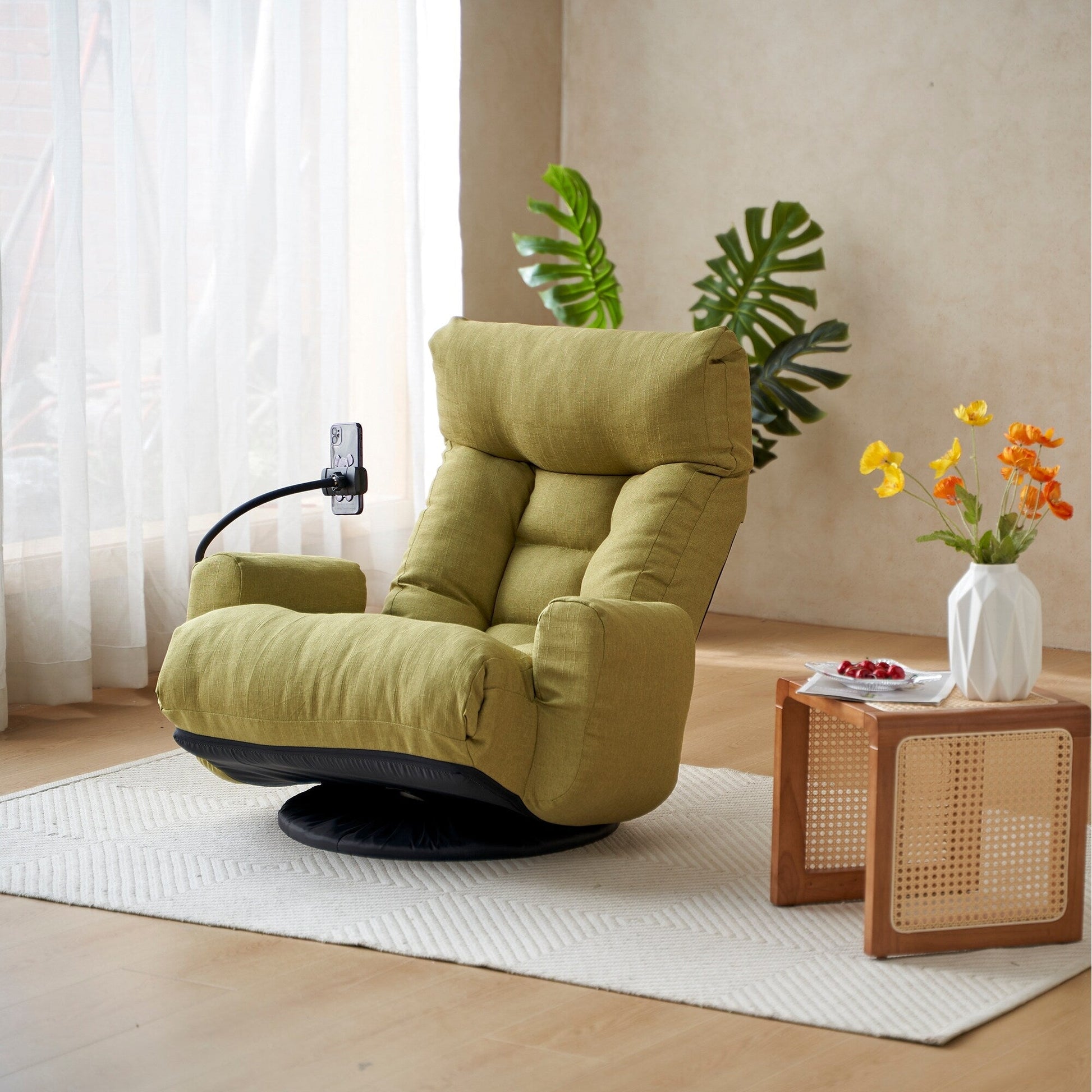 Fauteuil pivotant à 360 degrés, chaise de salon réglable, chaise de jeu pliable et inclinable avec porte-téléphone.