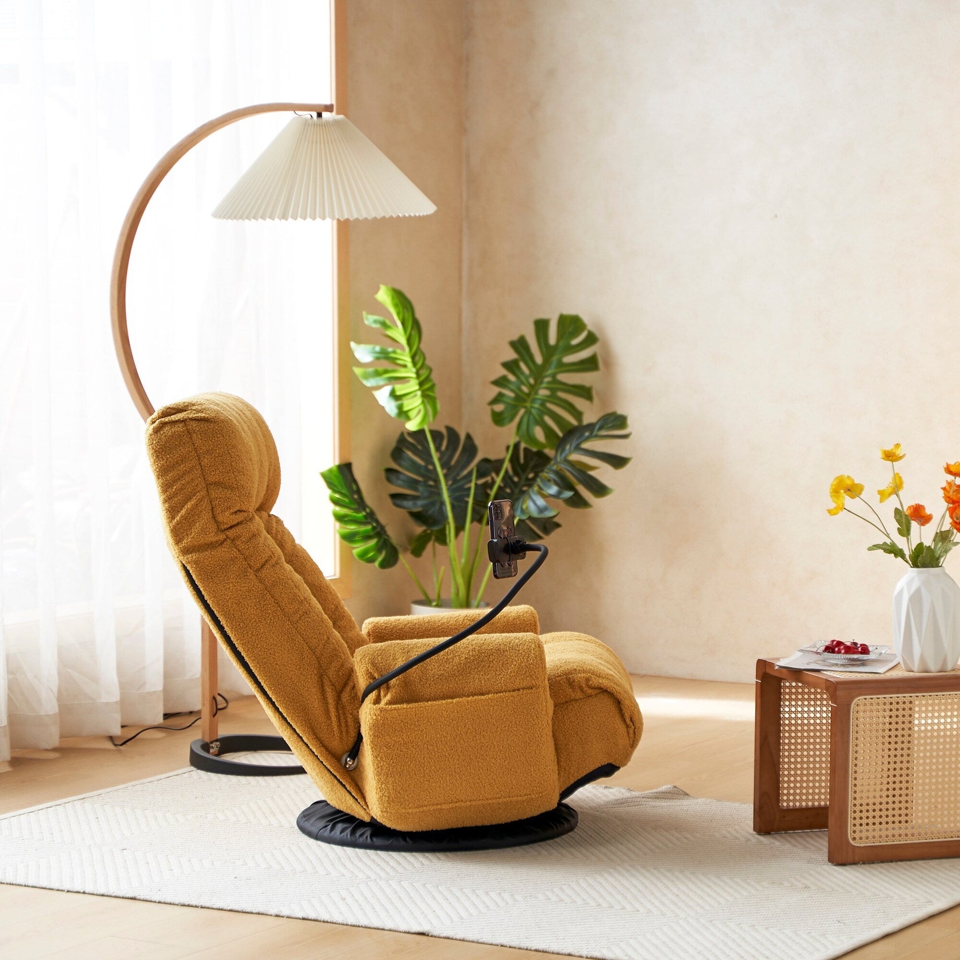 Fauteuil pivotant à 360 degrés, chaise de salon réglable, chaise de jeu pliable et inclinable avec porte-téléphone.