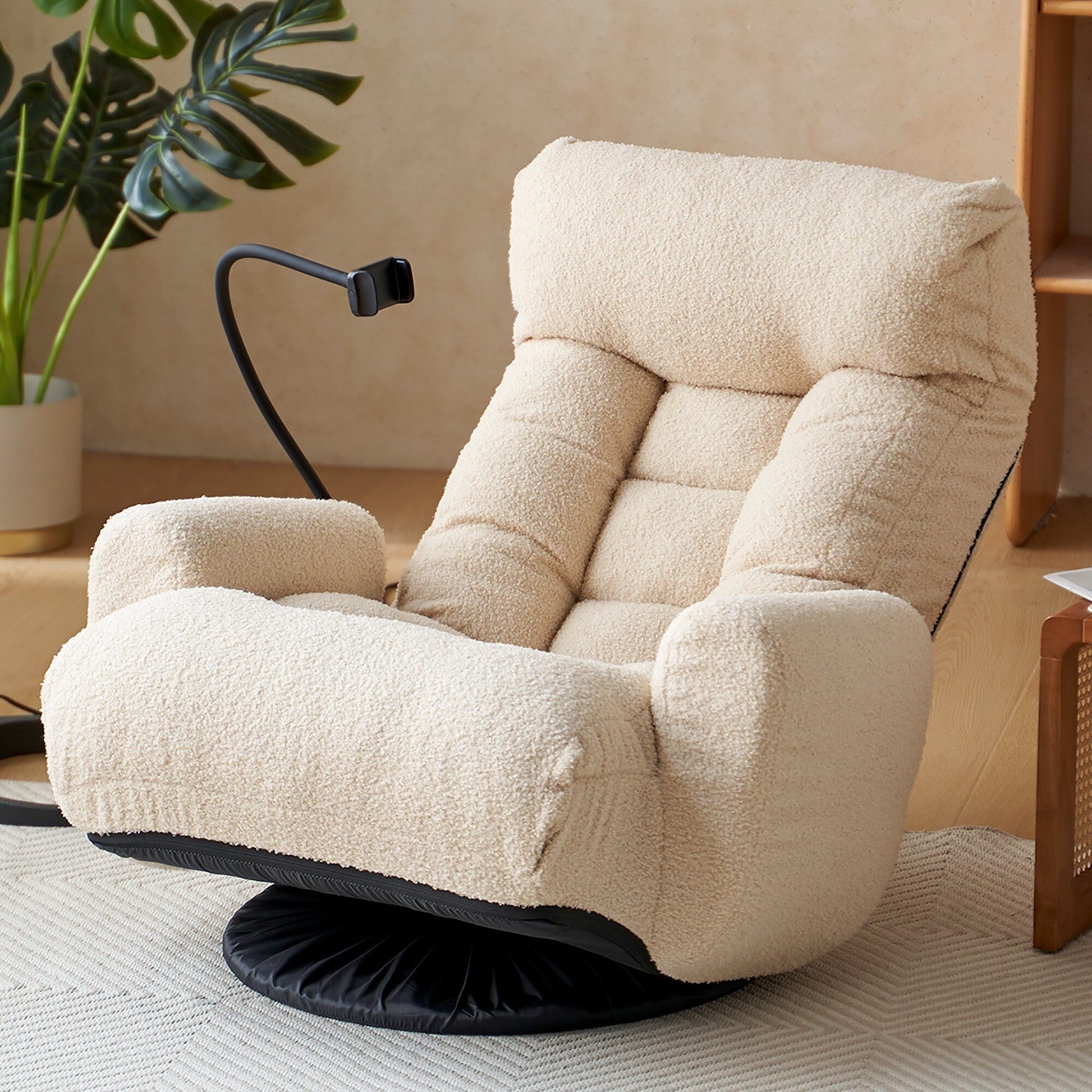 Fauteuil pivotant à 360 degrés, chaise de salon réglable, chaise de jeu pliable et inclinable avec porte-téléphone.
