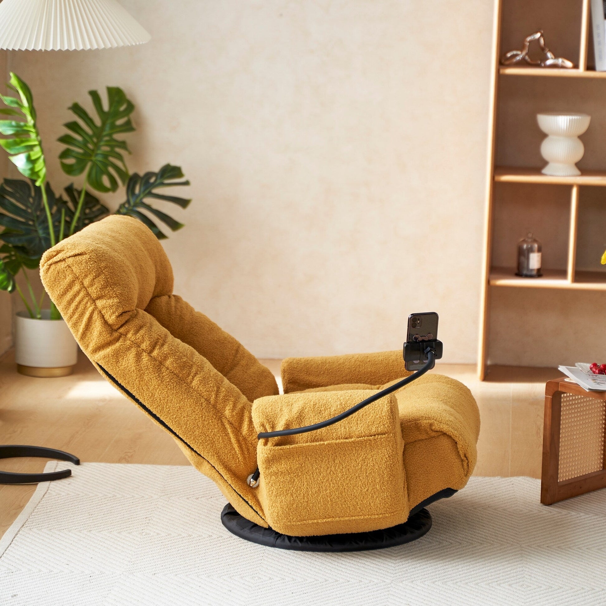 Fauteuil pivotant à 360 degrés, chaise de salon réglable, chaise de jeu pliable et inclinable avec porte-téléphone.