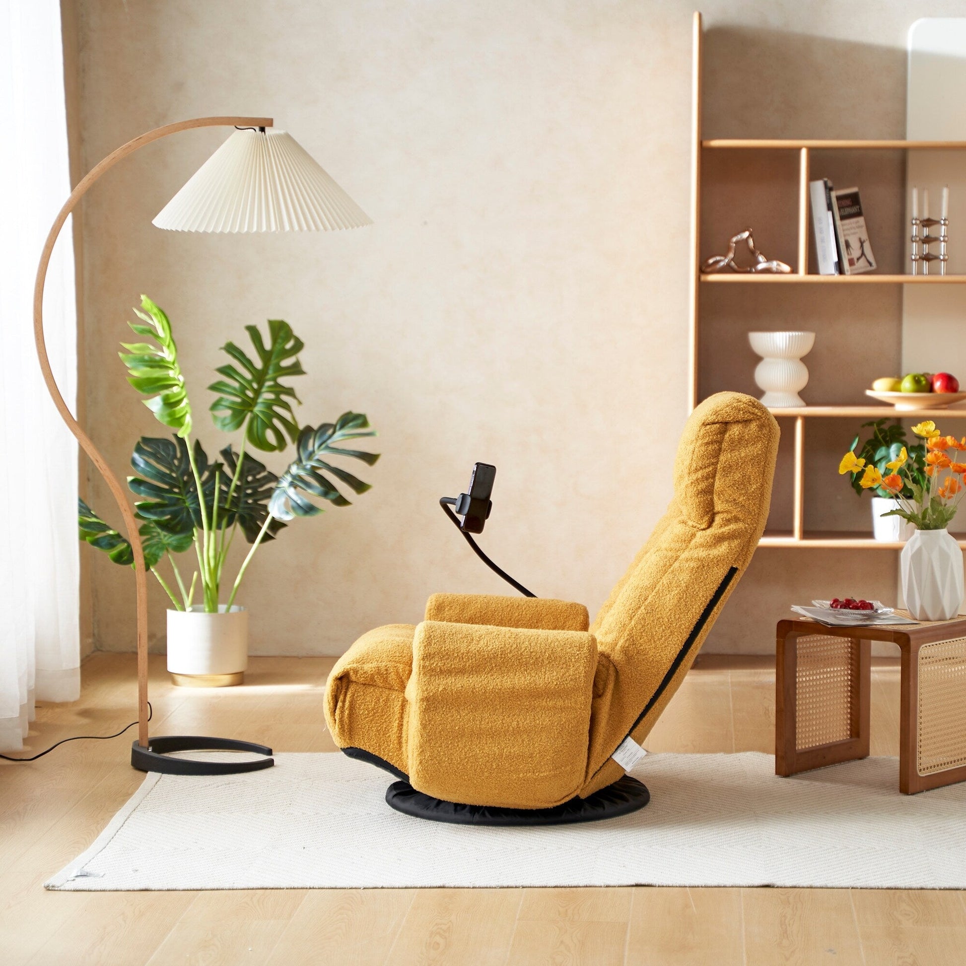 Fauteuil pivotant à 360 degrés, chaise de salon réglable, chaise de jeu pliable et inclinable avec porte-téléphone.