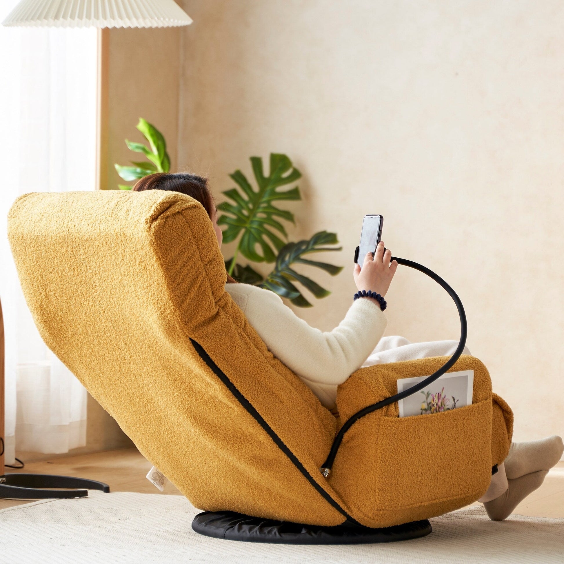 Fauteuil pivotant à 360 degrés, chaise de salon réglable, chaise de jeu pliable et inclinable avec porte-téléphone.