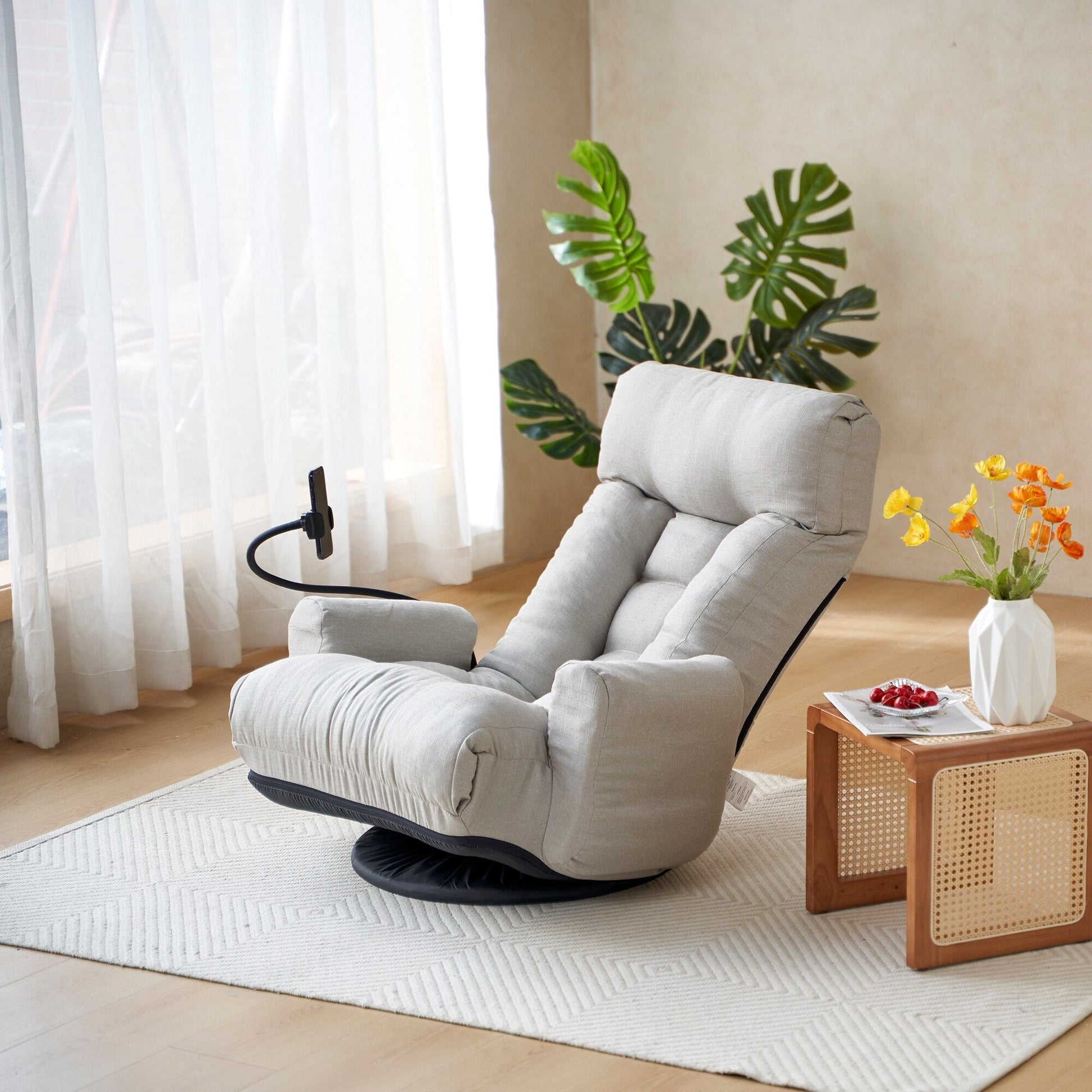 Fauteuil pivotant à 360 degrés, chaise de salon réglable, chaise de jeu pliable et inclinable avec porte-téléphone.