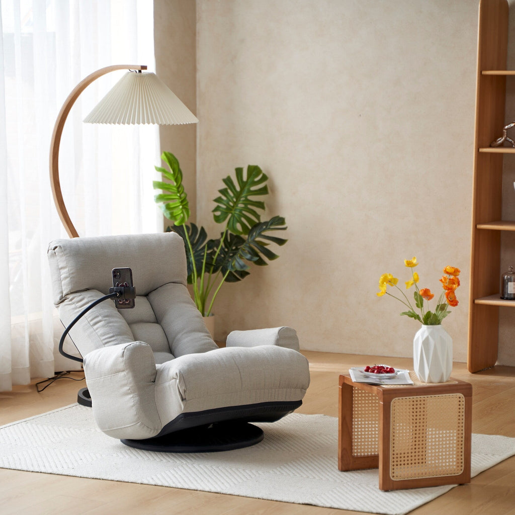 Fauteuil pivotant à 360 degrés, chaise de salon réglable, chaise de jeu pliable et inclinable avec porte-téléphone.