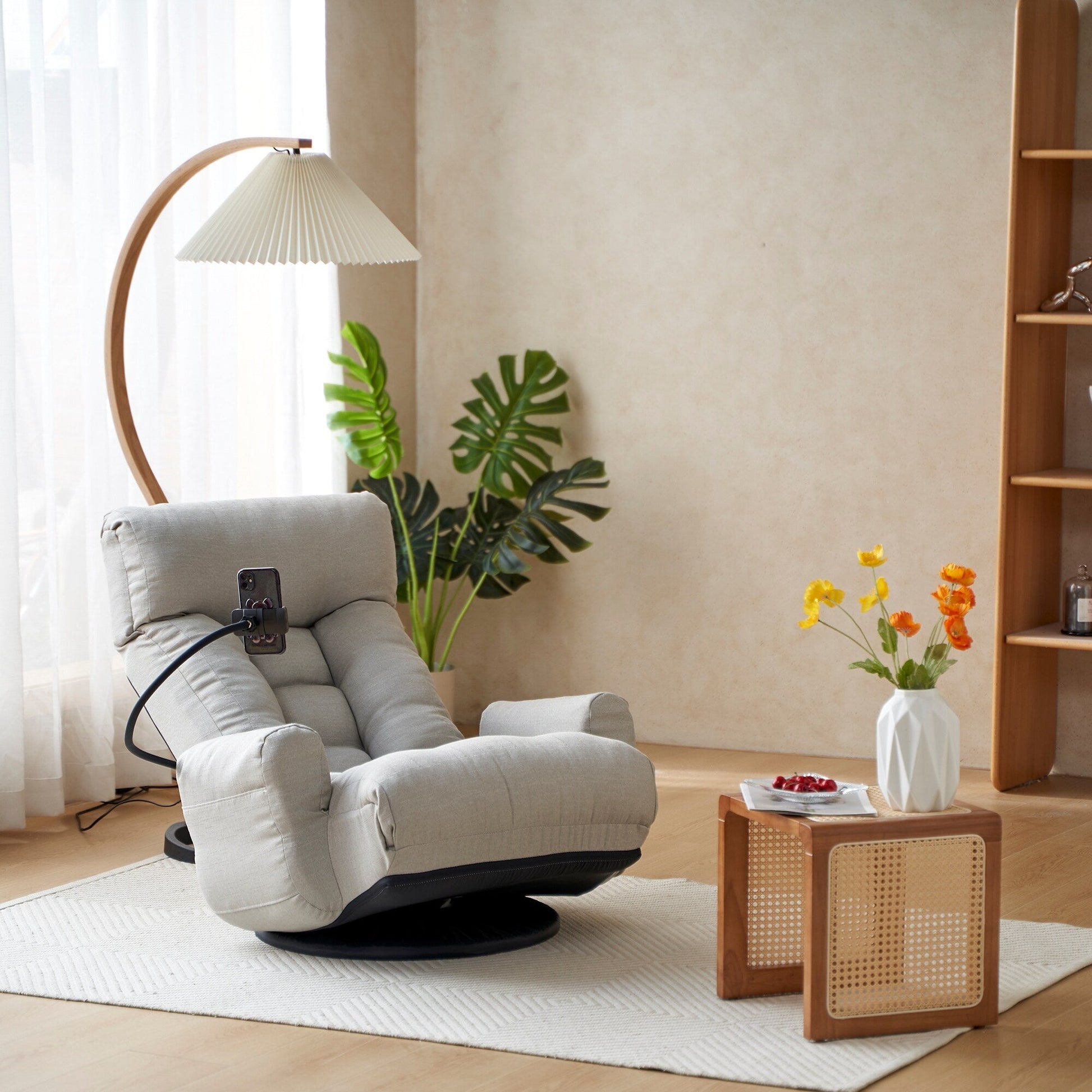 Fauteuil pivotant à 360 degrés, chaise de salon réglable, chaise de jeu pliable et inclinable avec porte-téléphone.