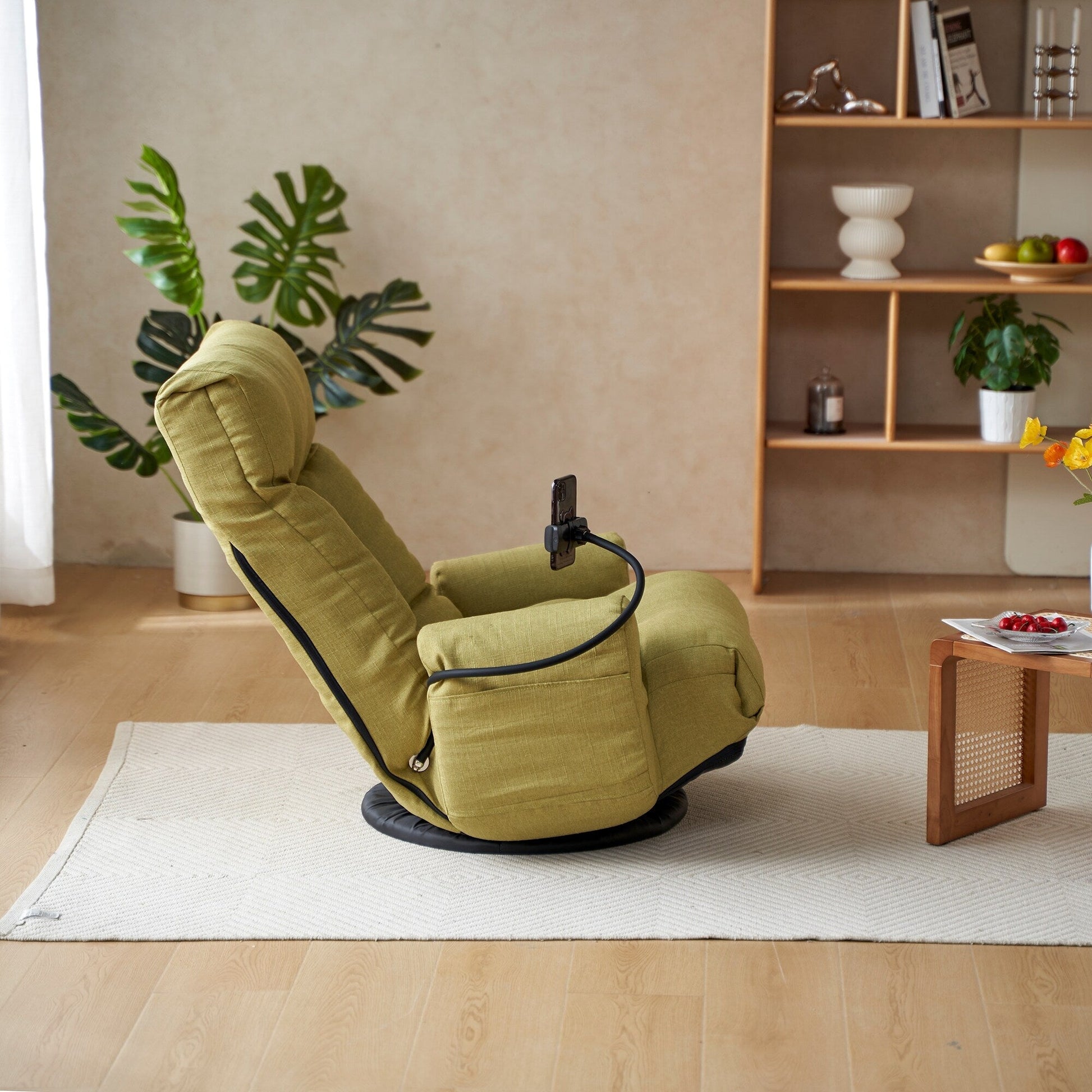 Fauteuil pivotant à 360 degrés, chaise de salon réglable, chaise de jeu pliable et inclinable avec porte-téléphone.