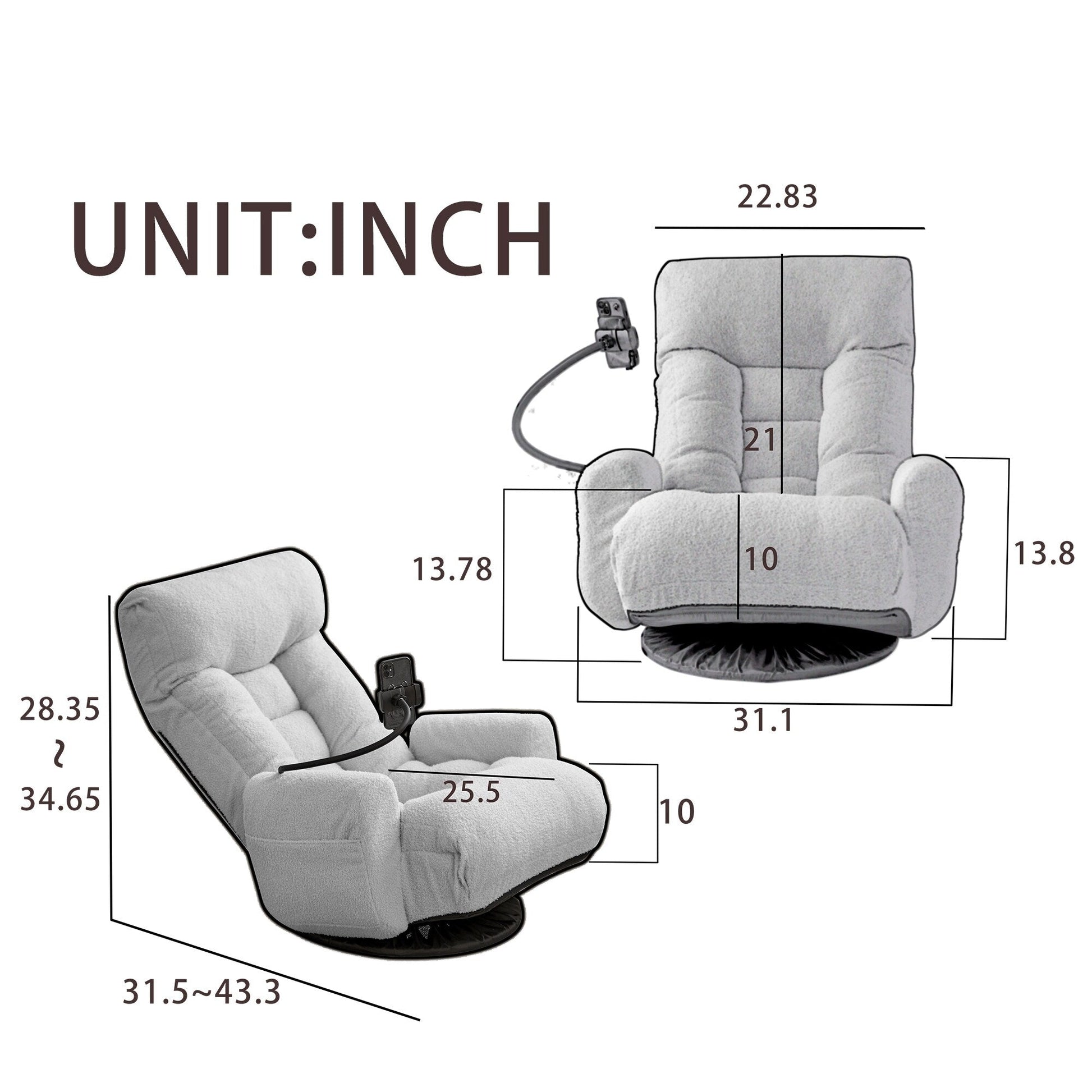 Fauteuil pivotant à 360 degrés, chaise de salon réglable, chaise de jeu pliable et inclinable avec porte-téléphone.