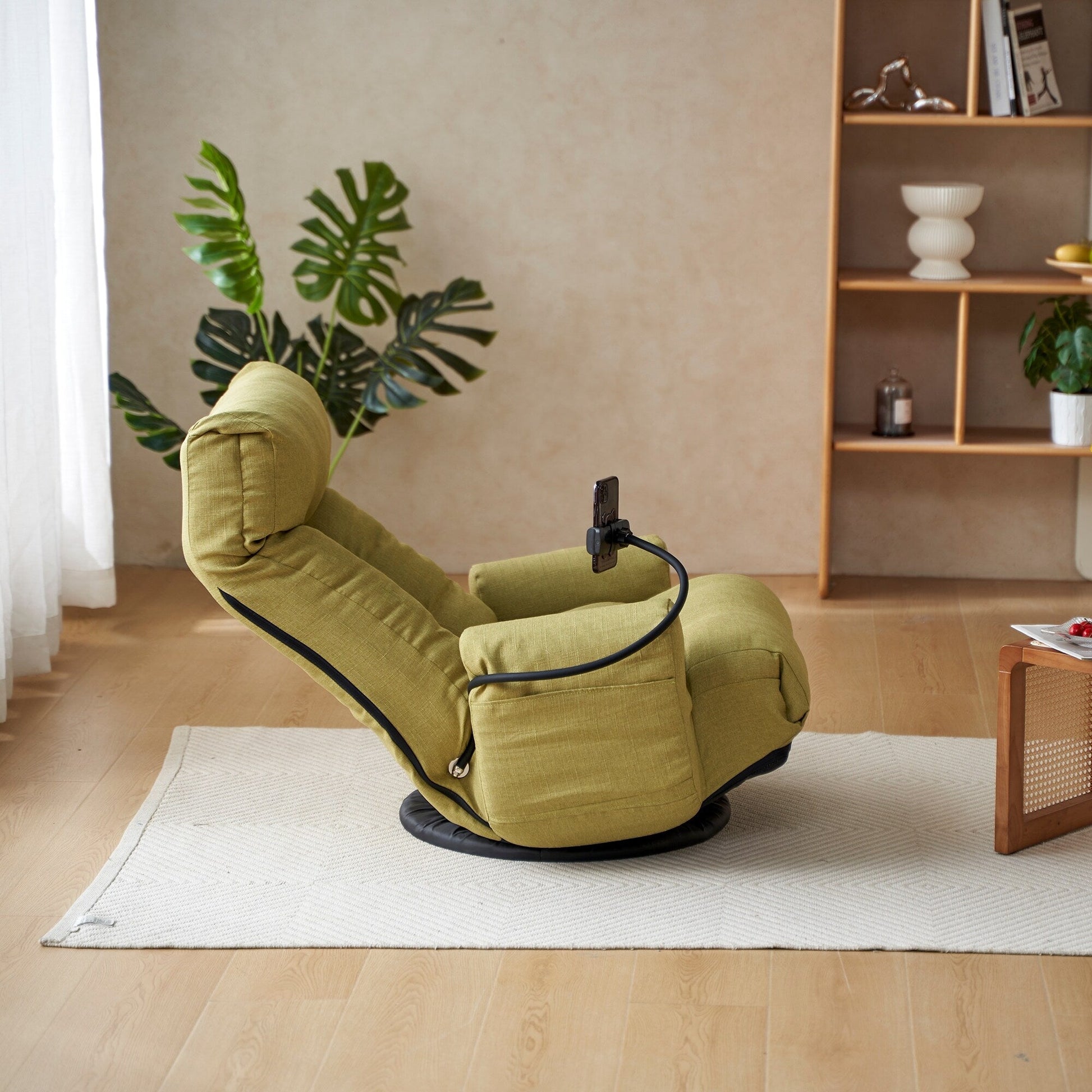 Fauteuil pivotant à 360 degrés, chaise de salon réglable, chaise de jeu pliable et inclinable avec porte-téléphone.