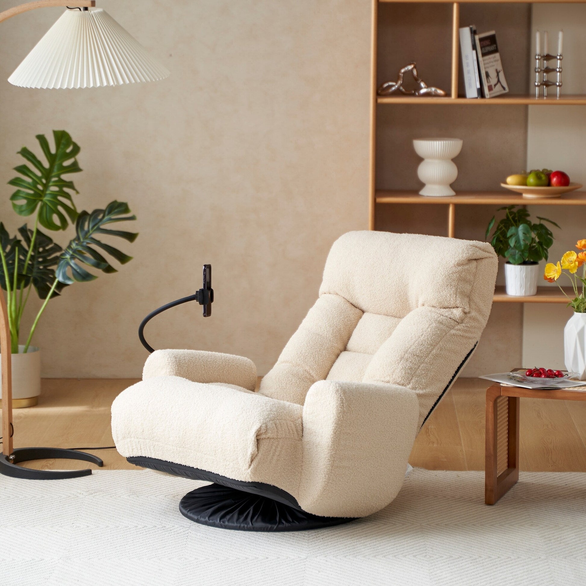 Fauteuil pivotant à 360 degrés, chaise de salon réglable, chaise de jeu pliable et inclinable avec porte-téléphone.