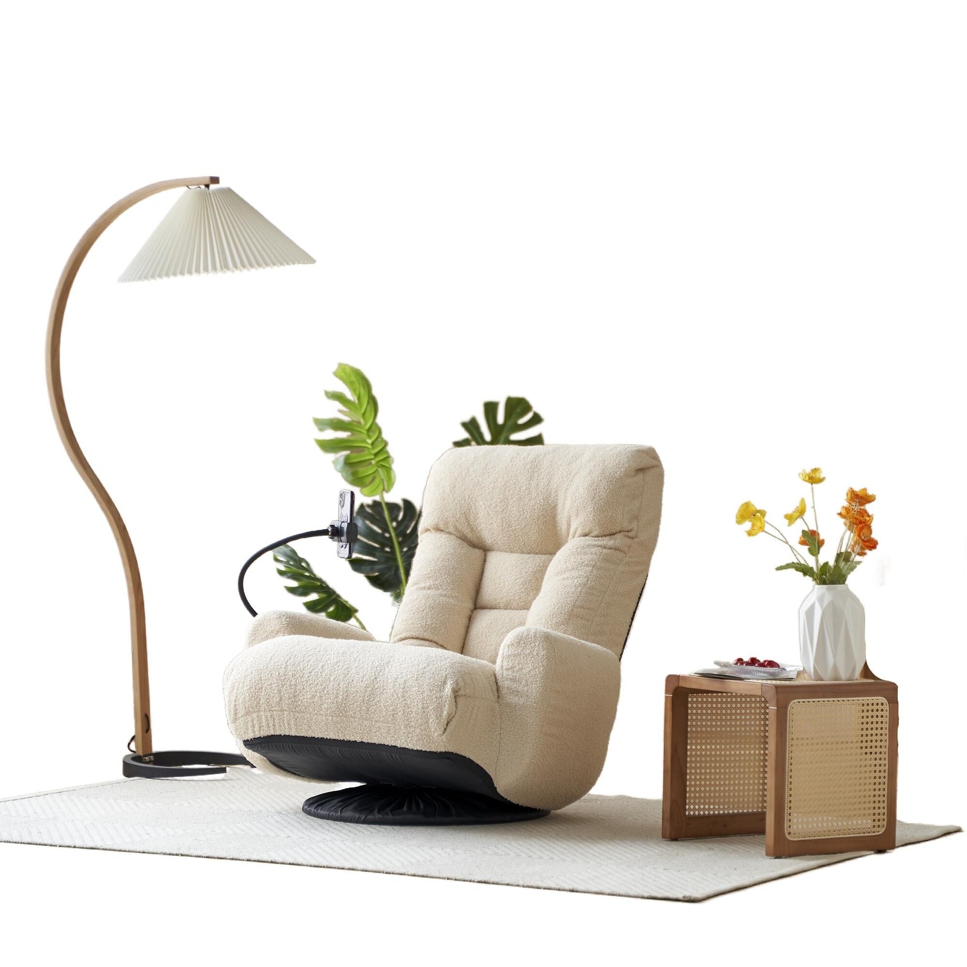 Fauteuil pivotant à 360 degrés, chaise de salon réglable, chaise de jeu pliable et inclinable avec porte-téléphone.