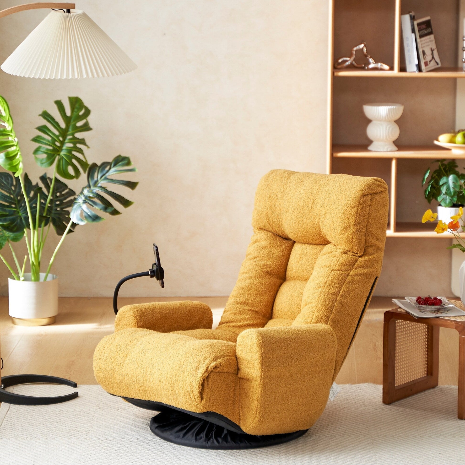 Fauteuil pivotant à 360 degrés, chaise de salon réglable, chaise de jeu pliable et inclinable avec porte-téléphone.