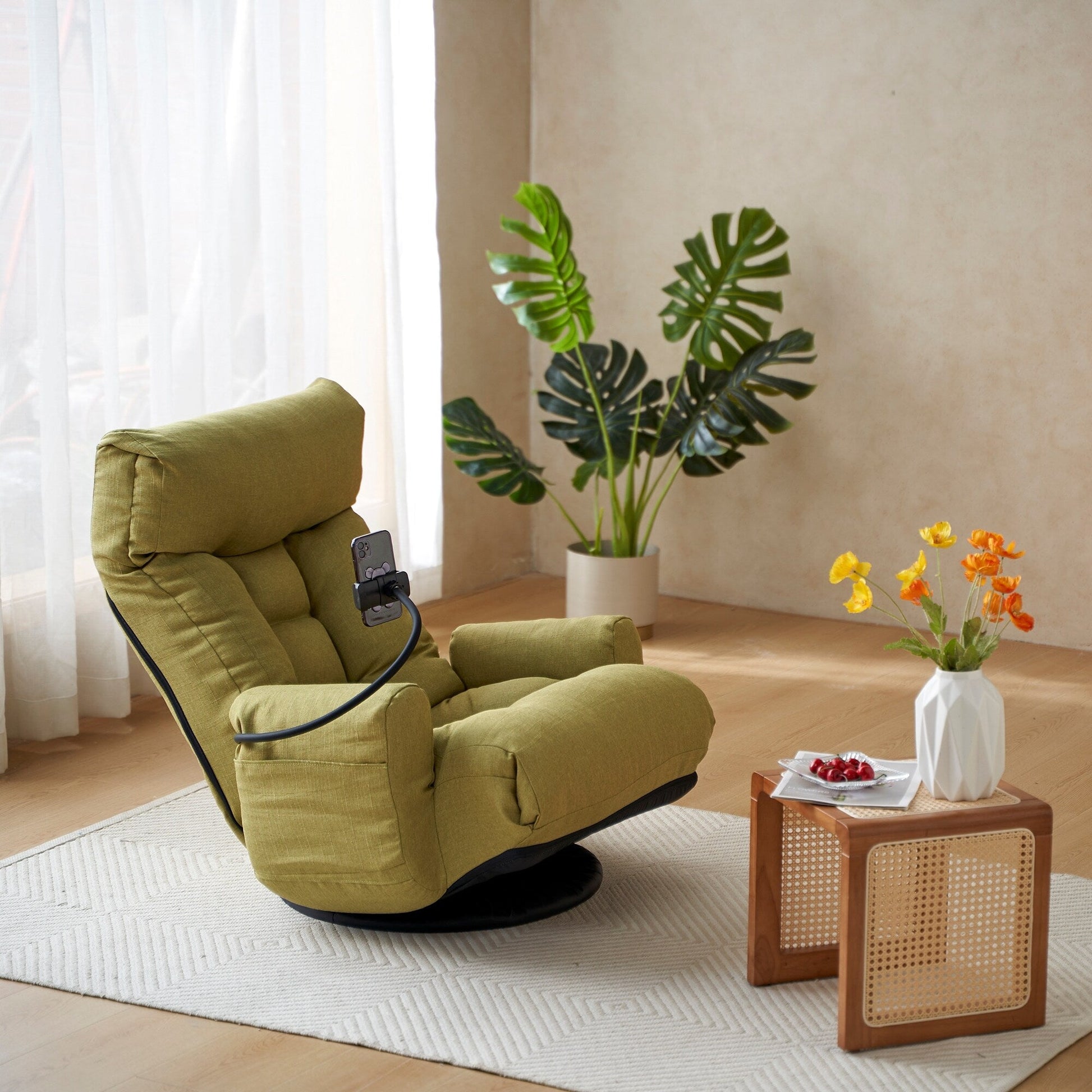 Fauteuil pivotant à 360 degrés, chaise de salon réglable, chaise de jeu pliable et inclinable avec porte-téléphone.