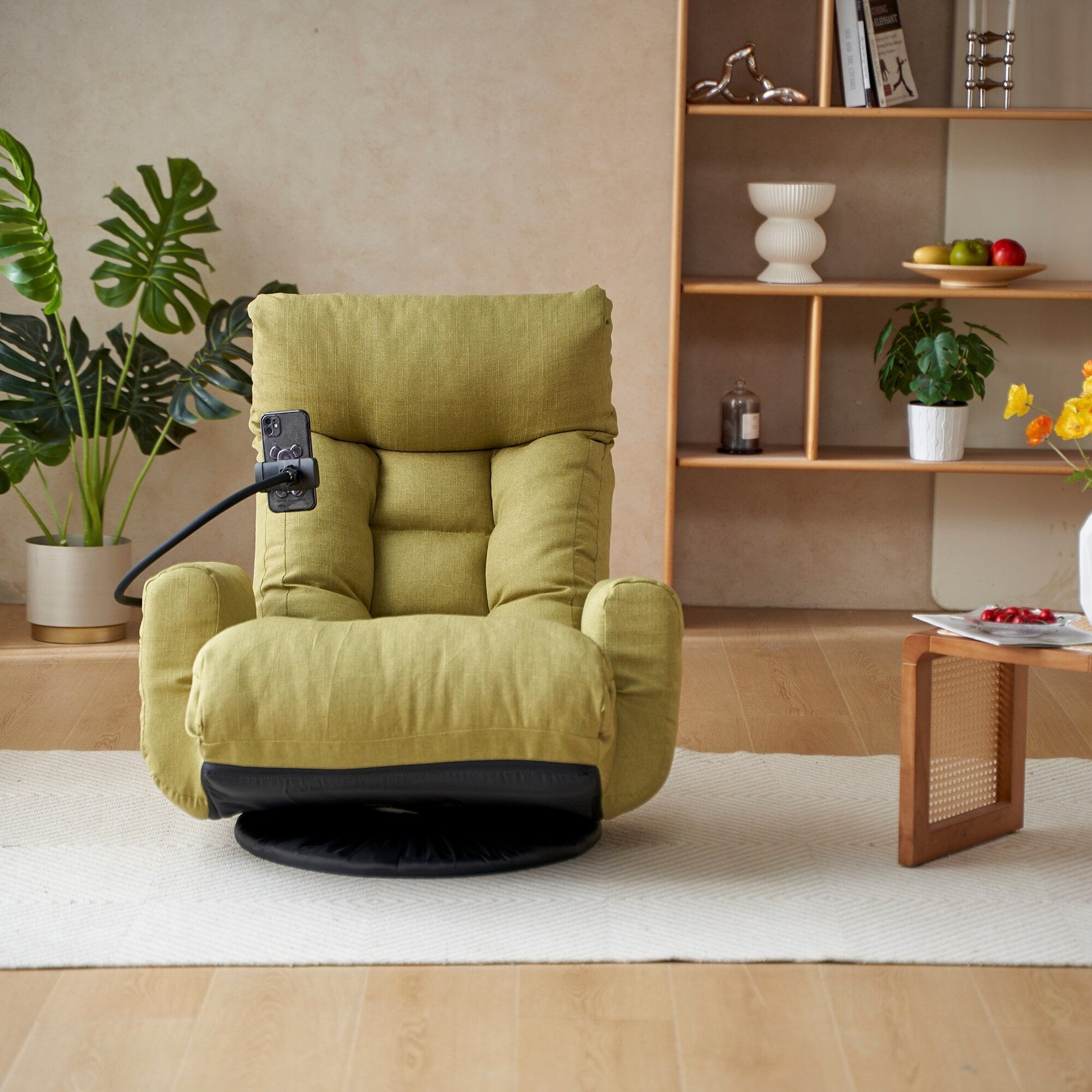 Fauteuil pivotant à 360 degrés, chaise de salon réglable, chaise de jeu pliable et inclinable avec porte-téléphone.