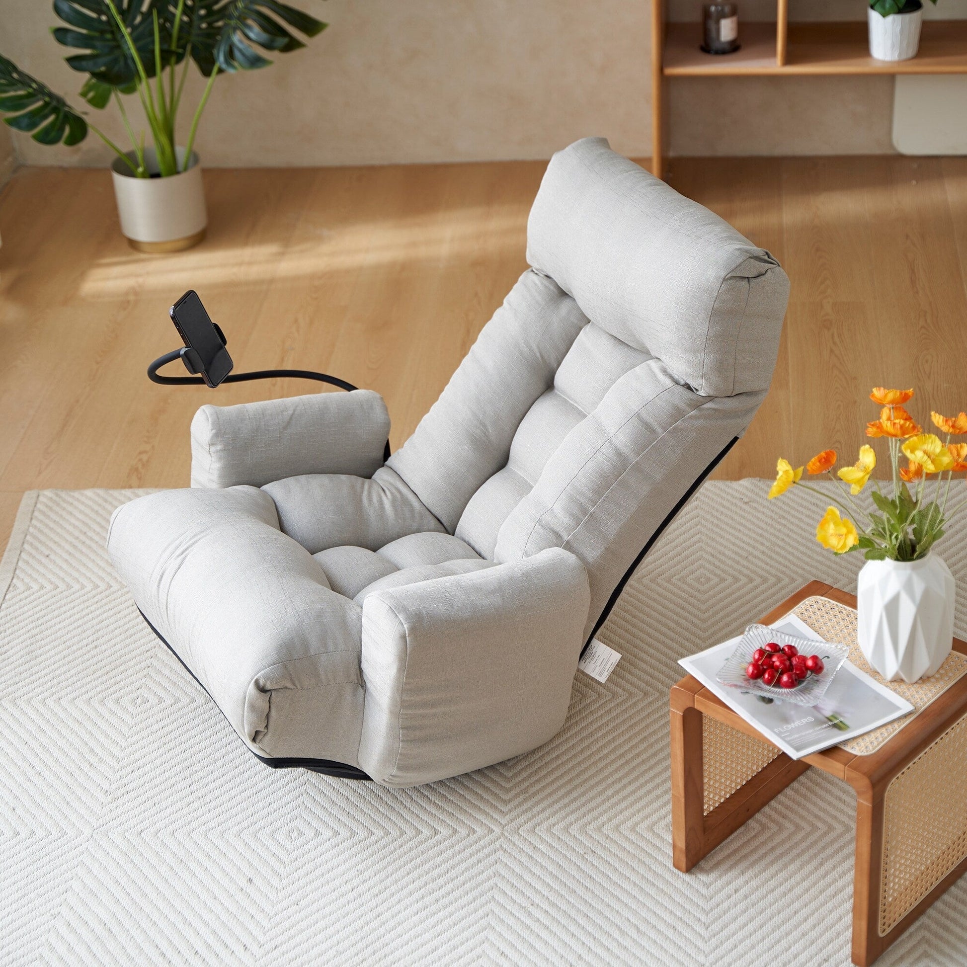 Fauteuil pivotant à 360 degrés, chaise de salon réglable, chaise de jeu pliable et inclinable avec porte-téléphone.