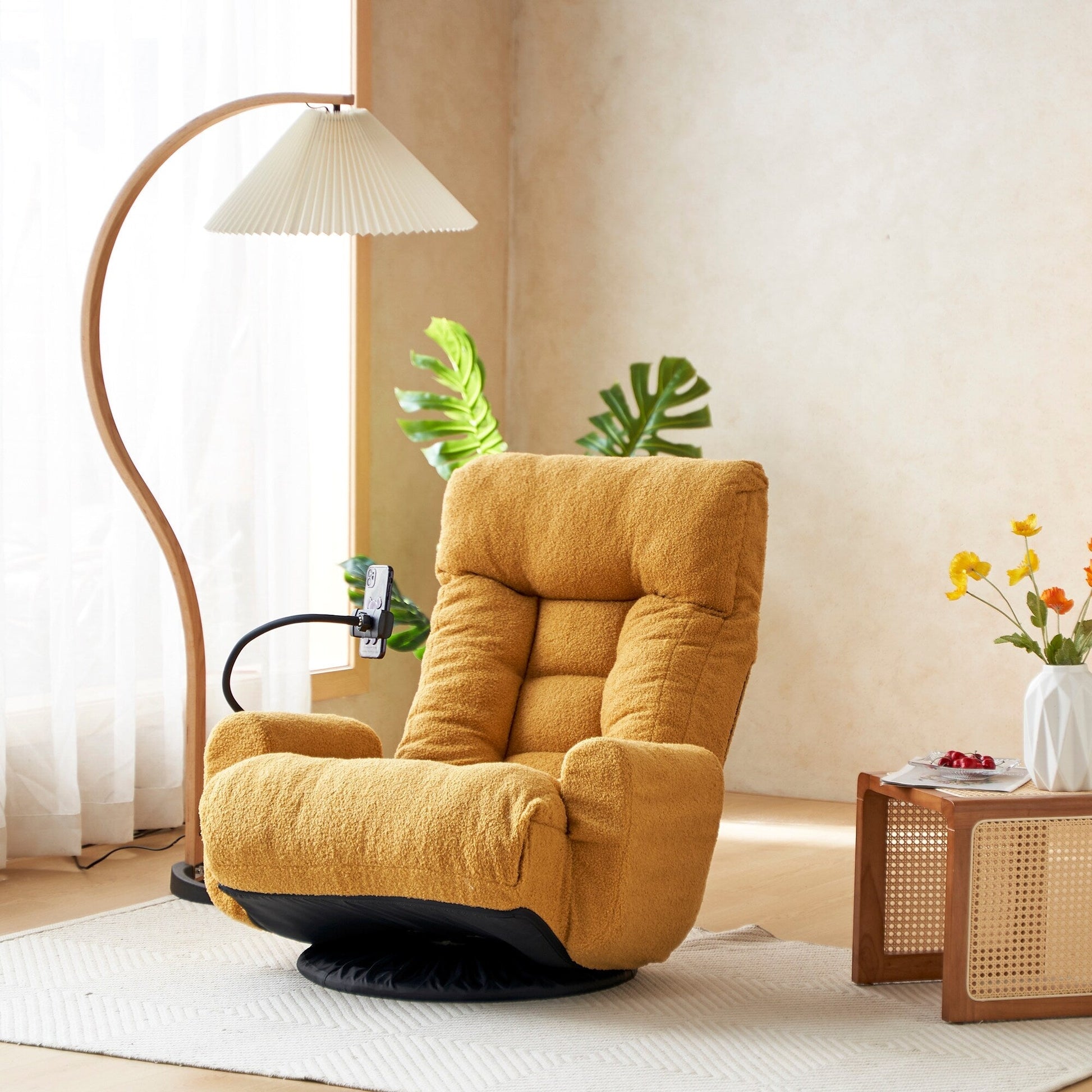 Fauteuil pivotant à 360 degrés, chaise de salon réglable, chaise de jeu pliable et inclinable avec porte-téléphone.